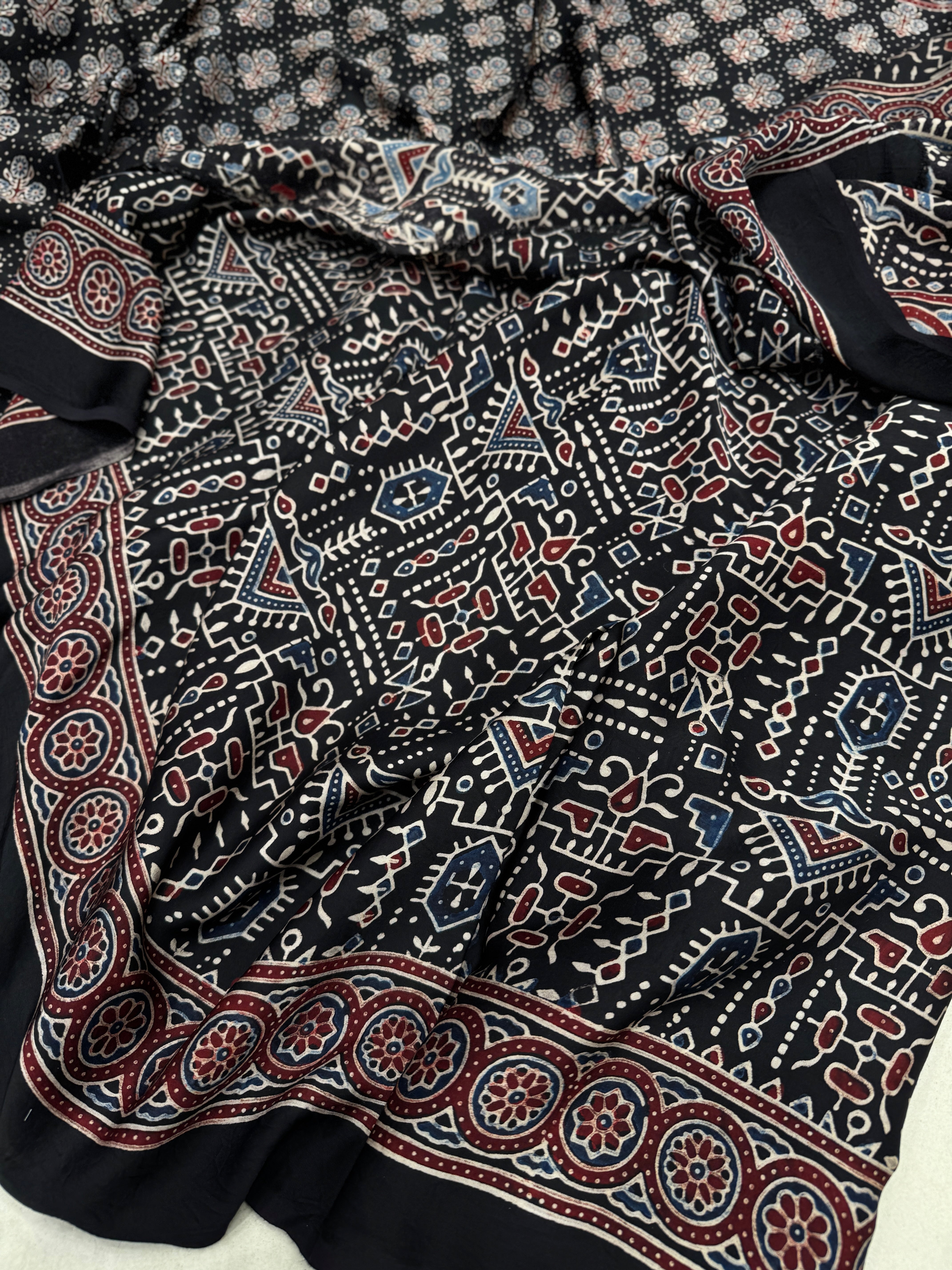 Black Floral Buttas Dot Style Hand Block Print Ajrkah Pure Gajji Silk Saree