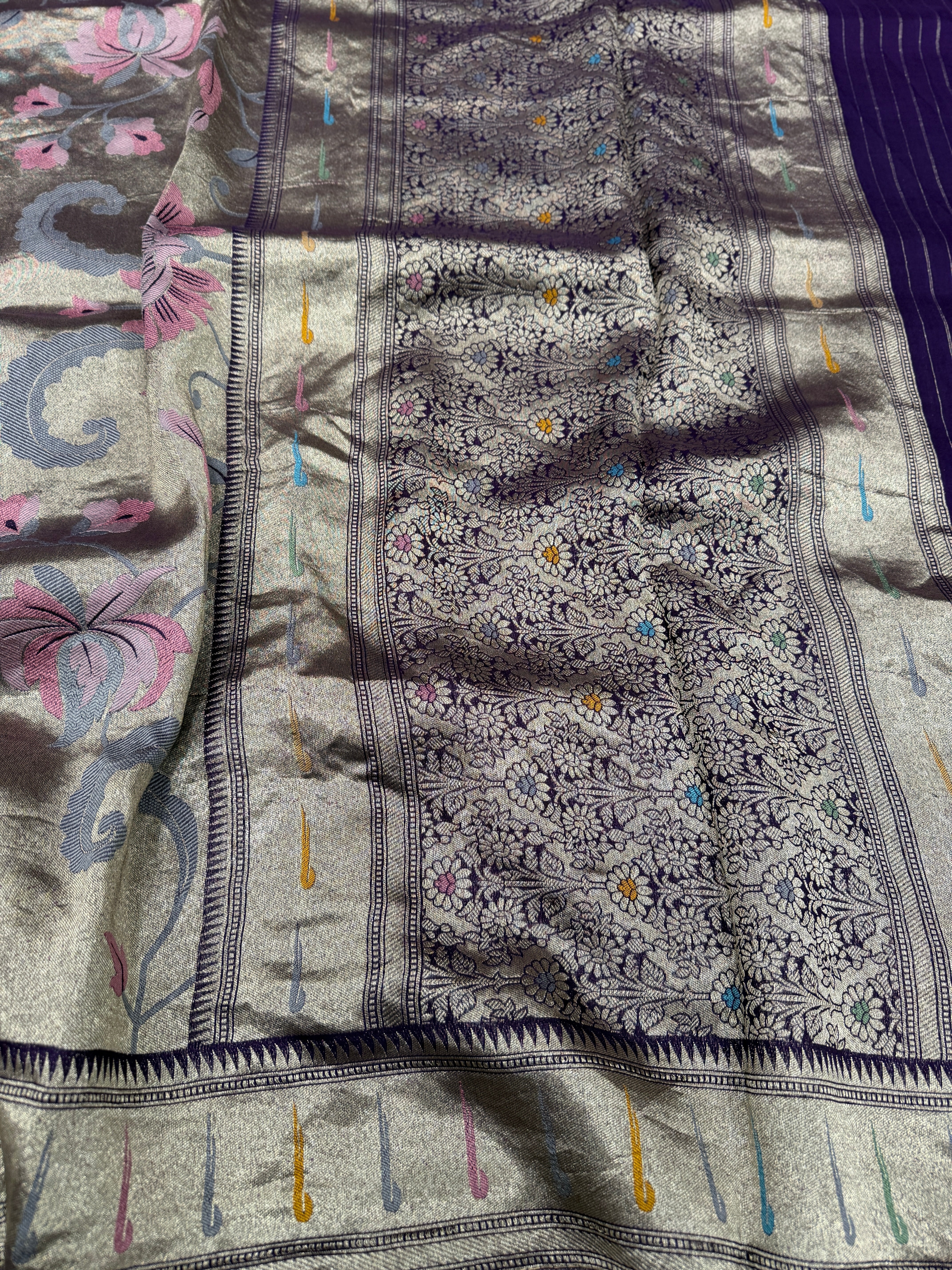 Violet Silver Meenakari Muniya Tissue Munga Banarasi Paithani Saree