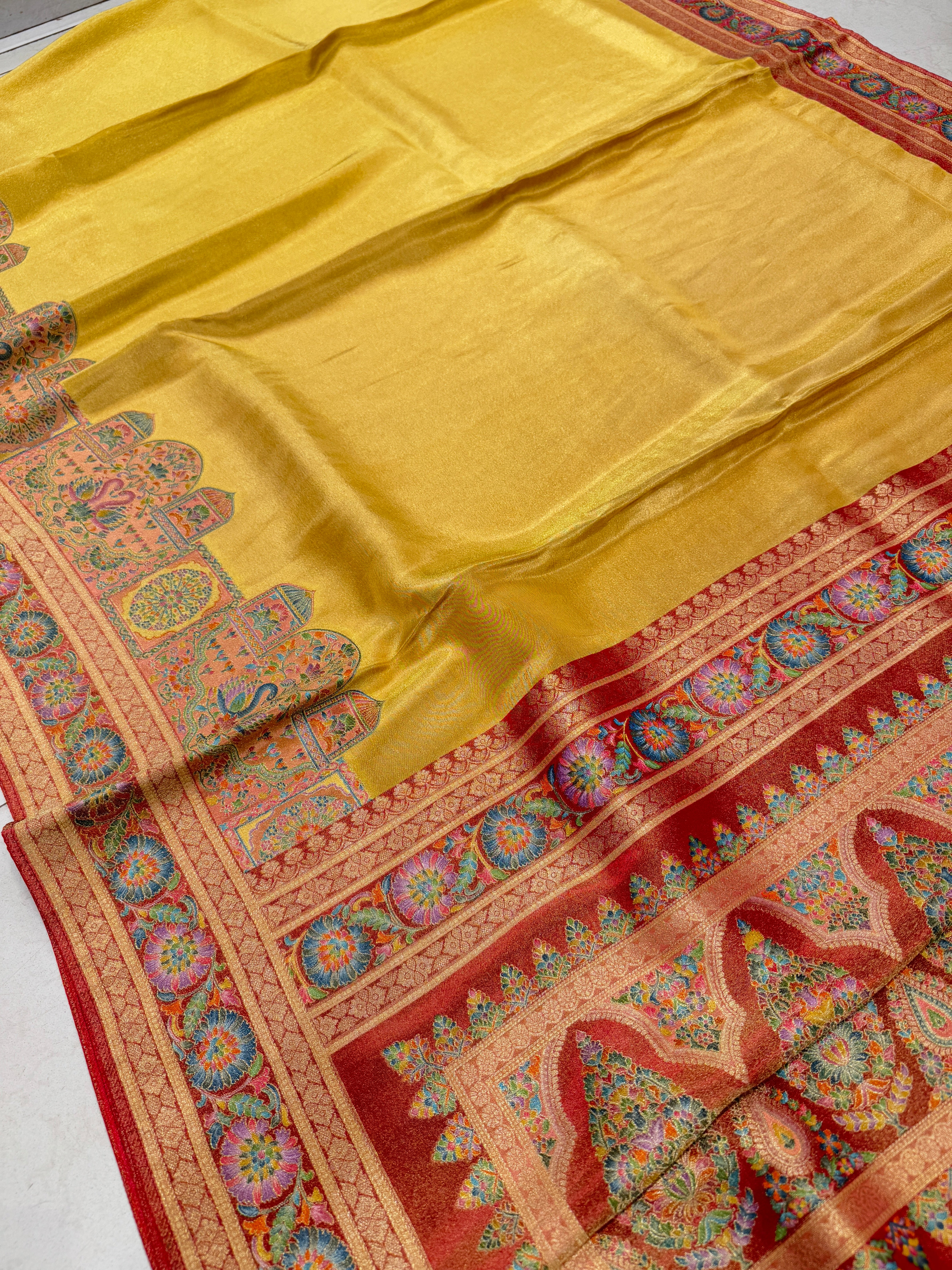 Yellow Crepe Tissue Gala Pashmina Saree