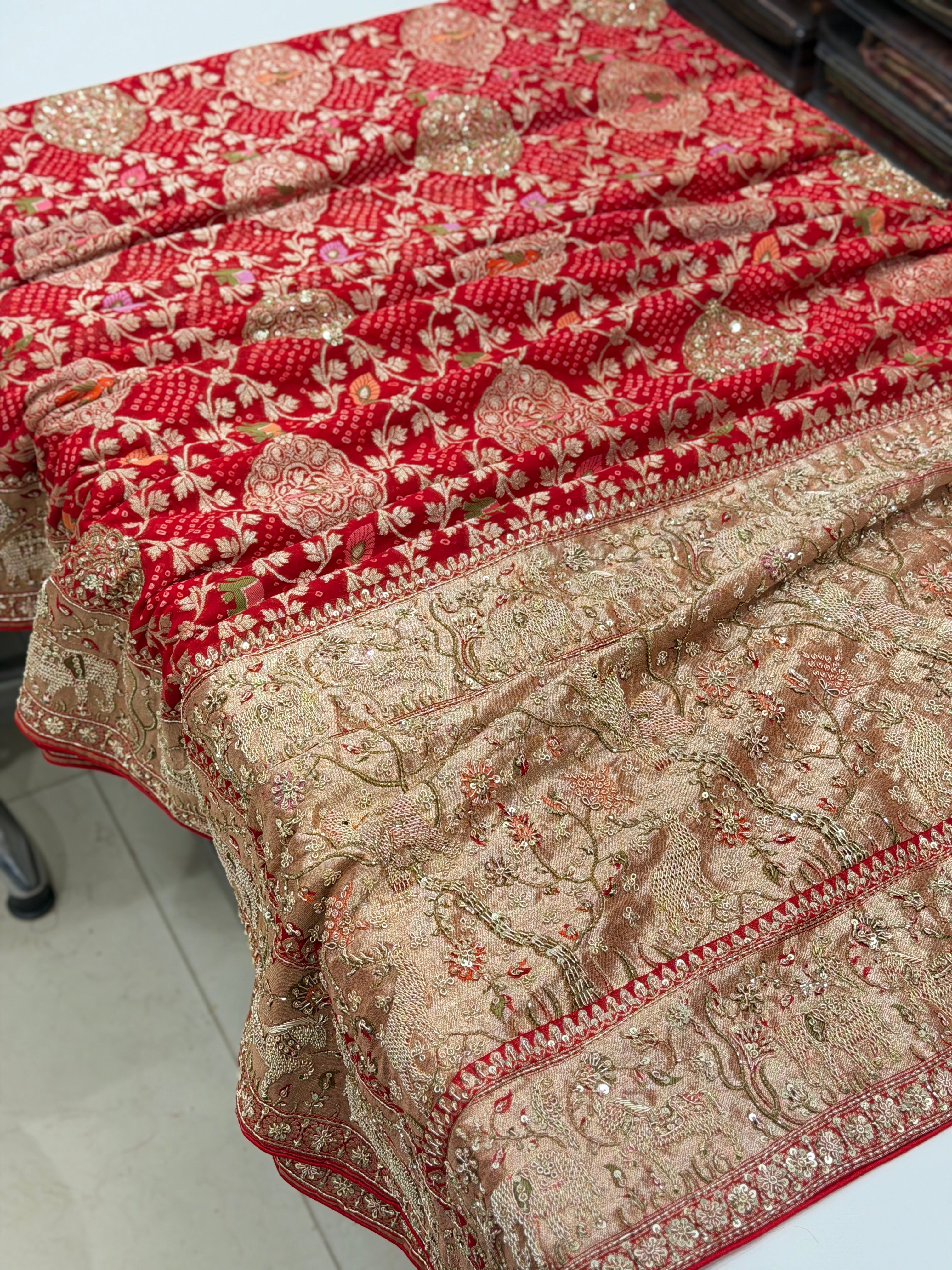 Red Meenakari Rai Bandhej Saree Elephant Motif  Zardosi Hand Embroidery