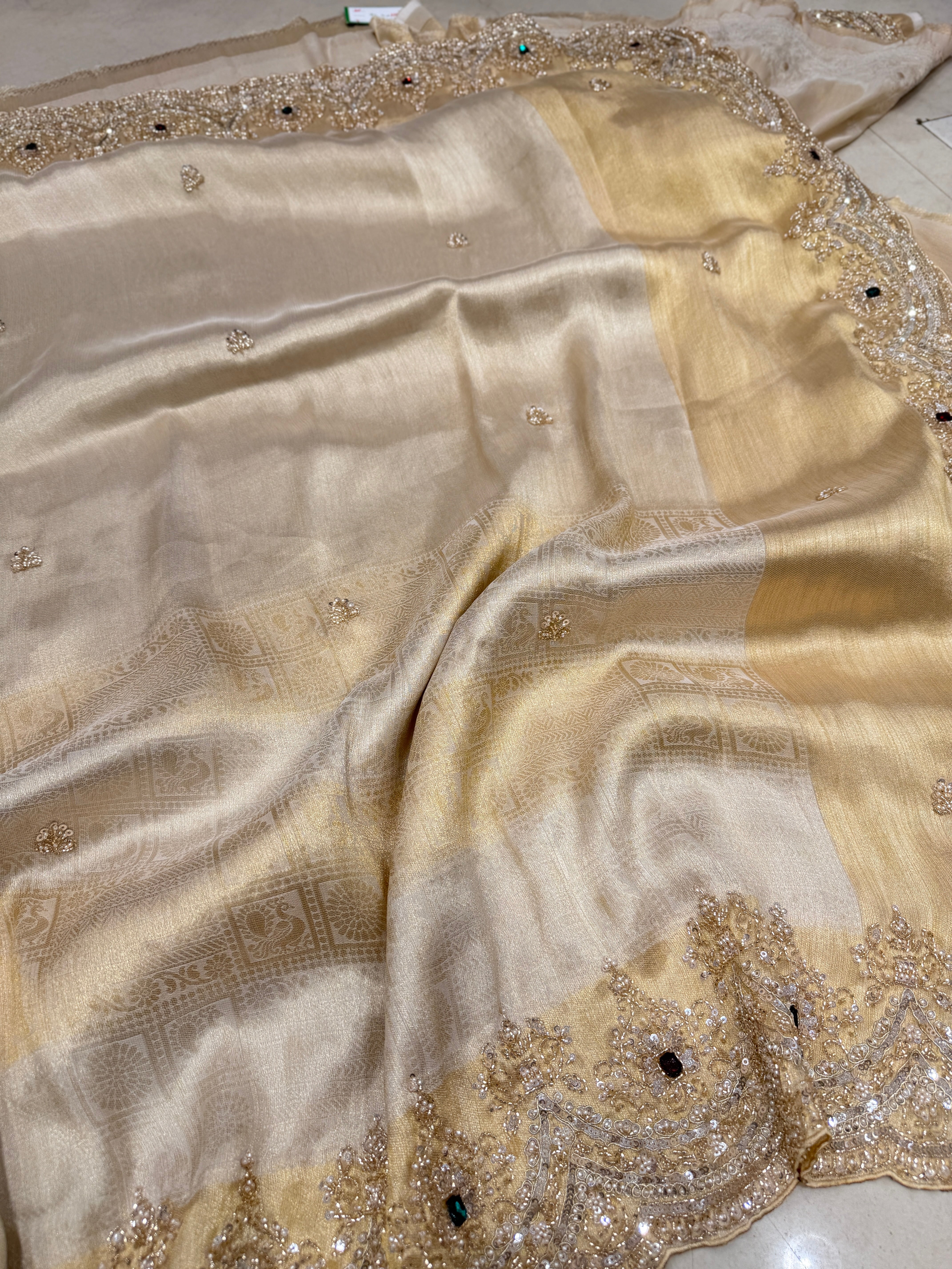Gold Tissue Crepe Kanchi Style Weave Crystal Embroidery Saree