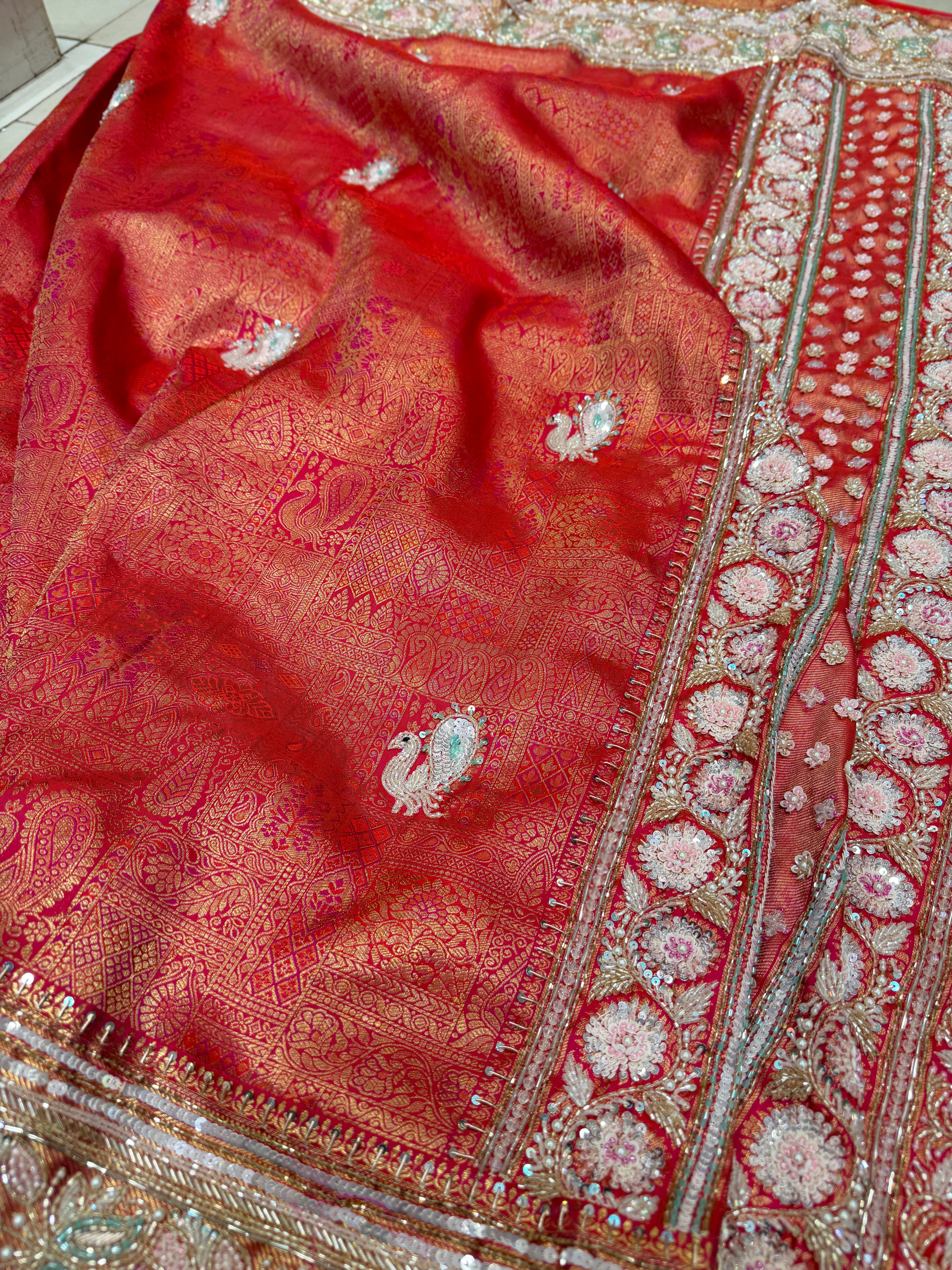 Rani Pink Kanjivaram Moti Zardosi Peacock Motif Hand Embroidery Saree