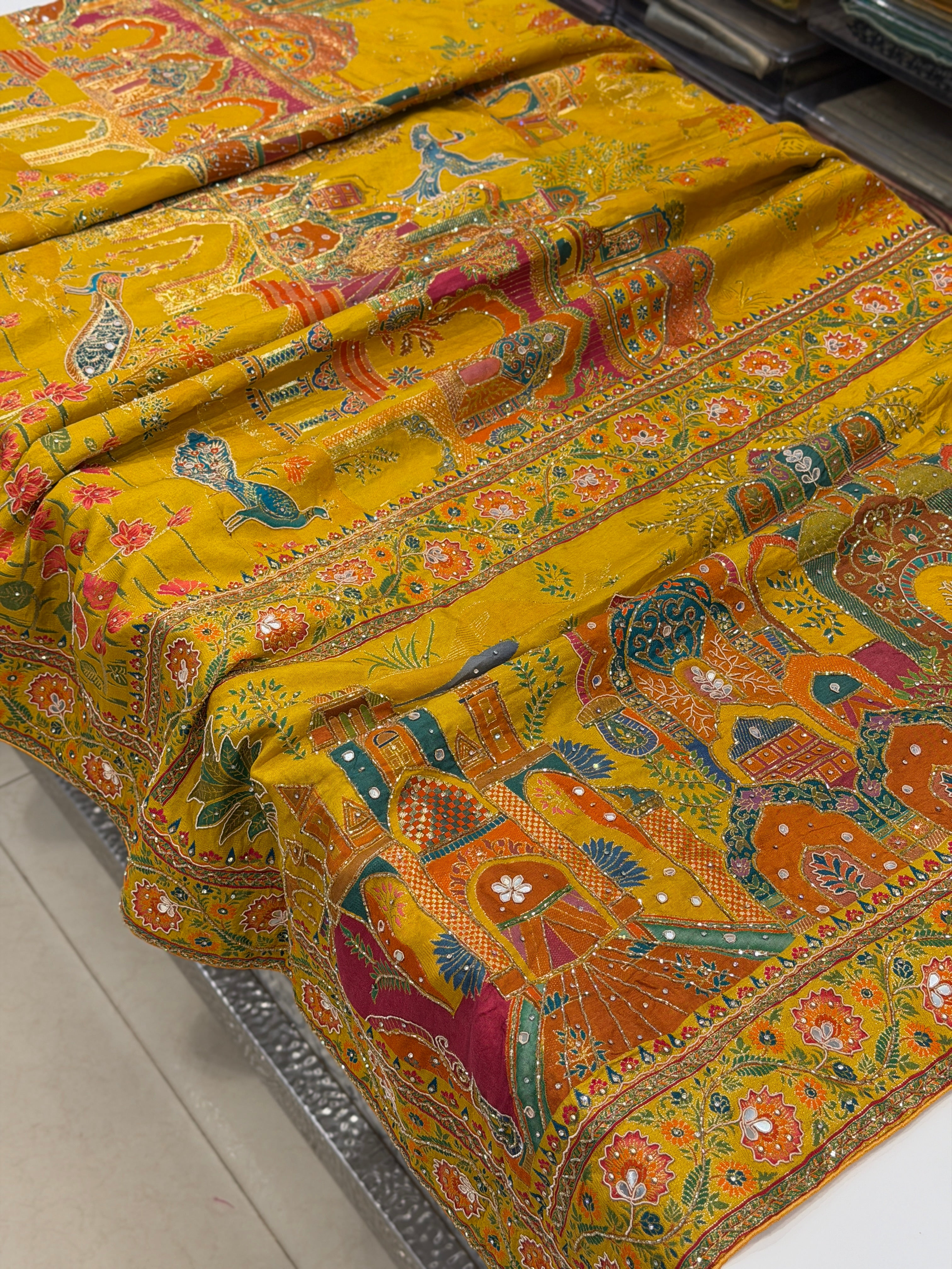 Yellow Palace Landscape Hand Embroidery Pashmina Saree