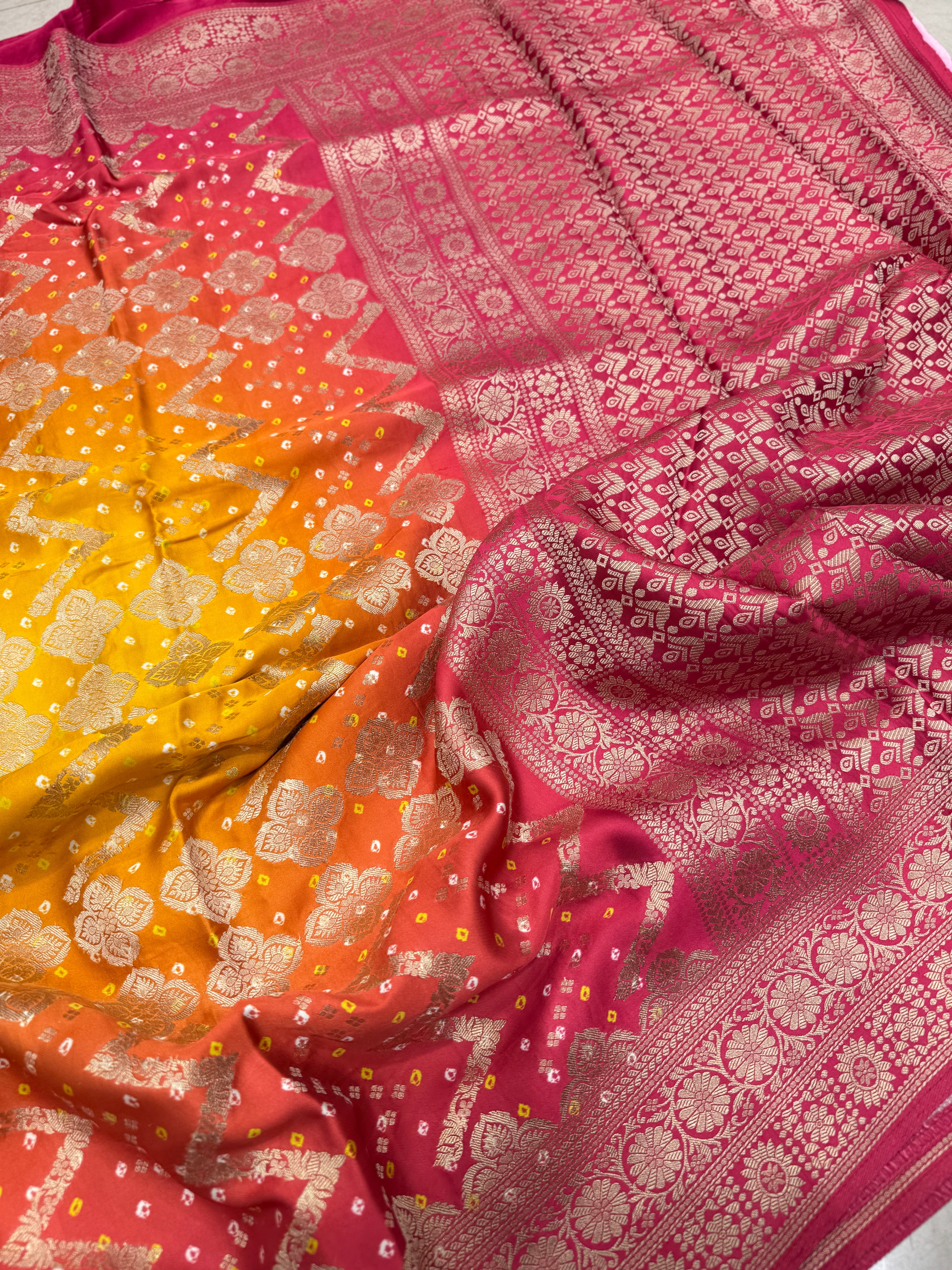 Shaded Yellow Orange Bandhej Style Modal Satin Saree
