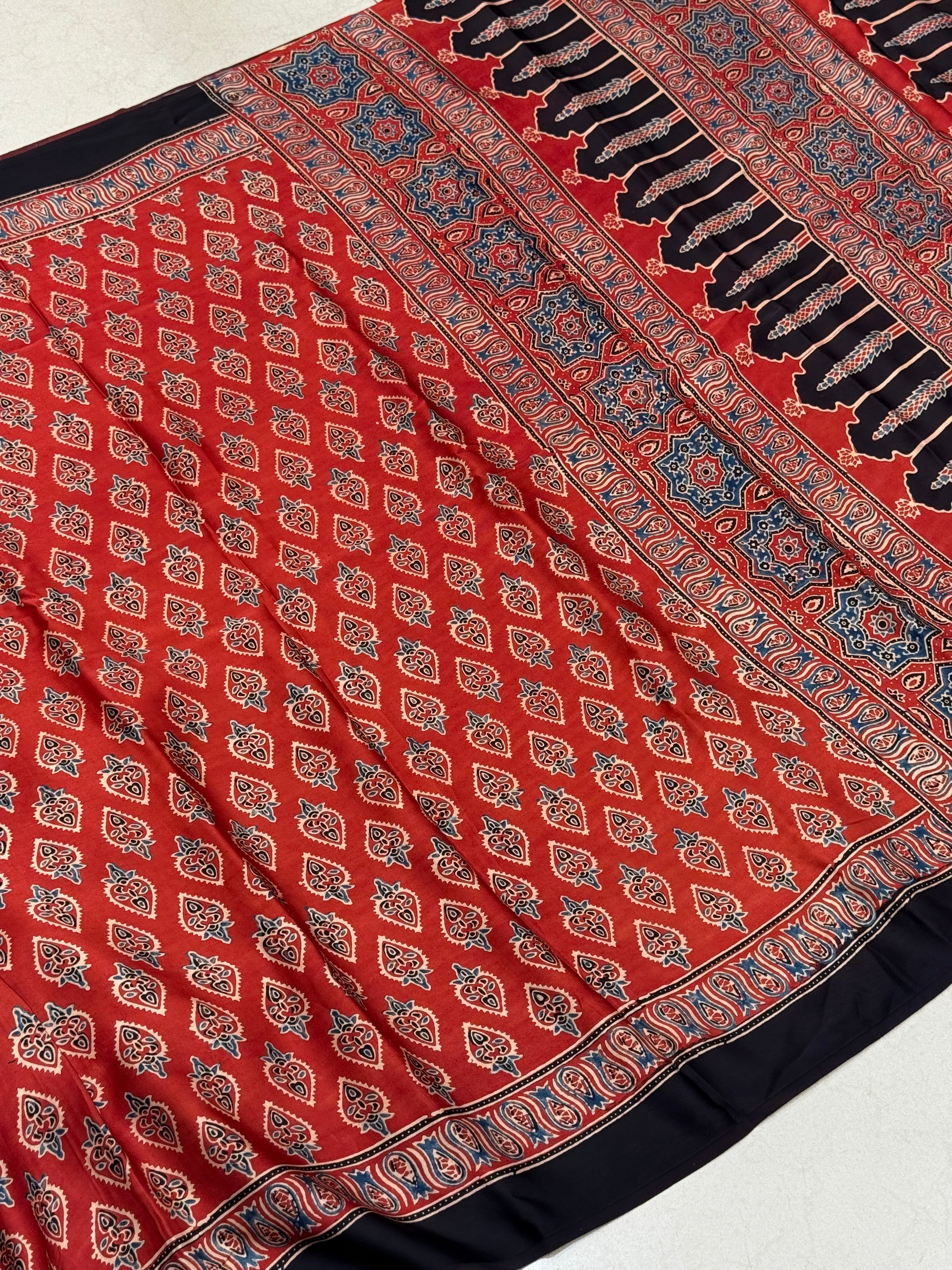 Red Torch Buttis Ajrakh Modal Gajji Silk Saree