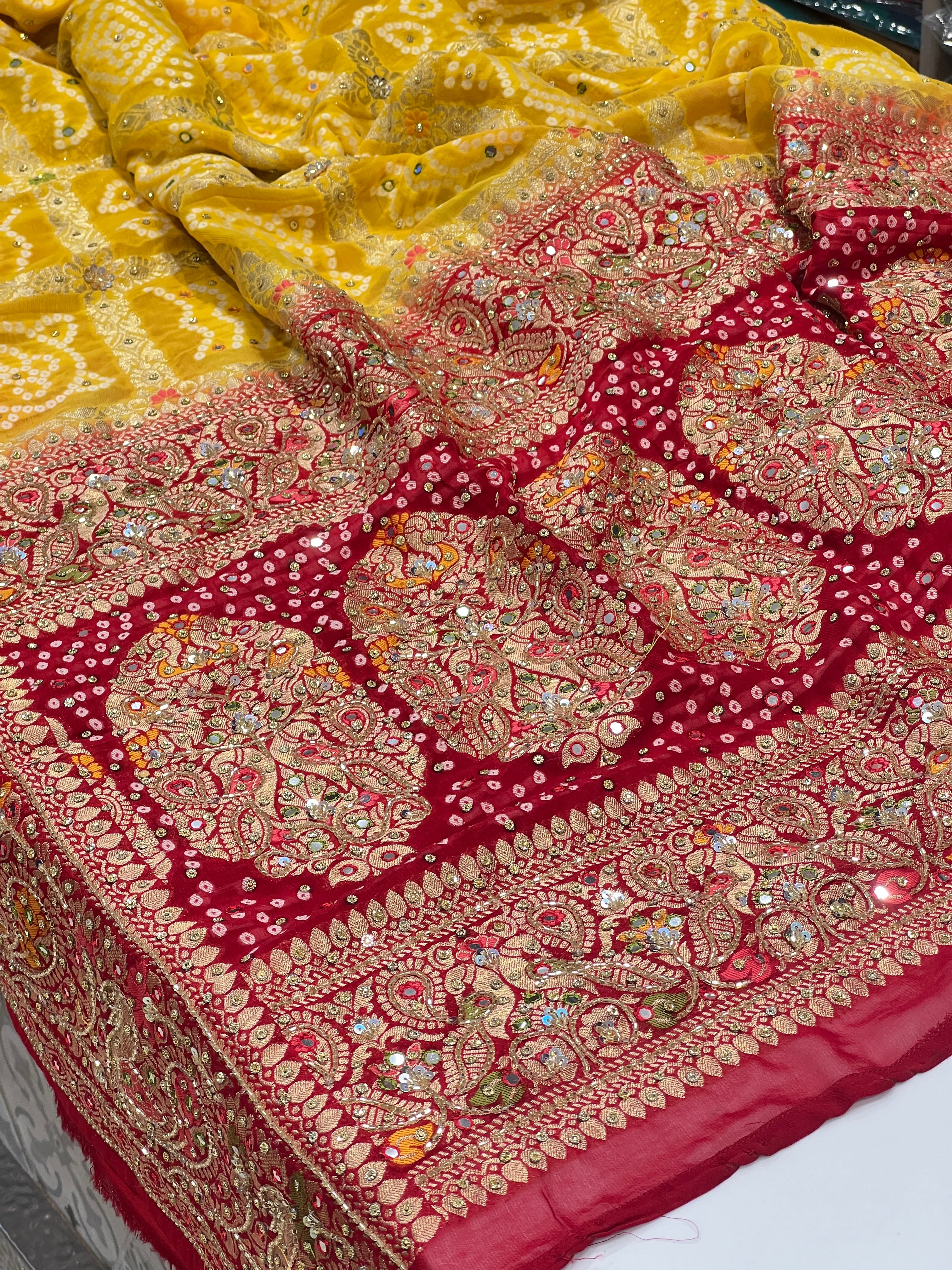 Yellow Red Gharchola Hand Embroidery Saree