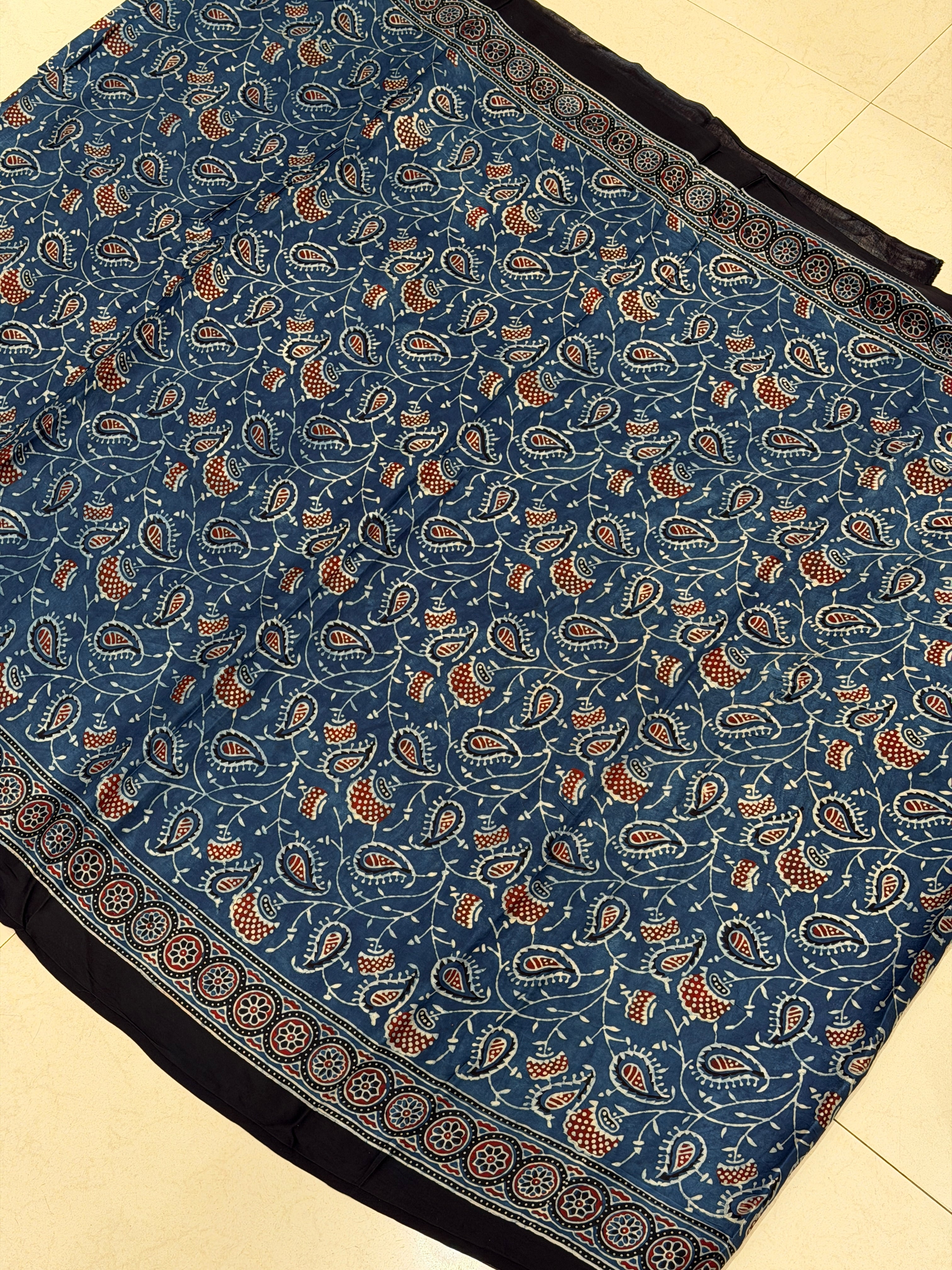 Blue Keri Jaal Ajrakh Hand Block Print Pure Modal Silk Saree