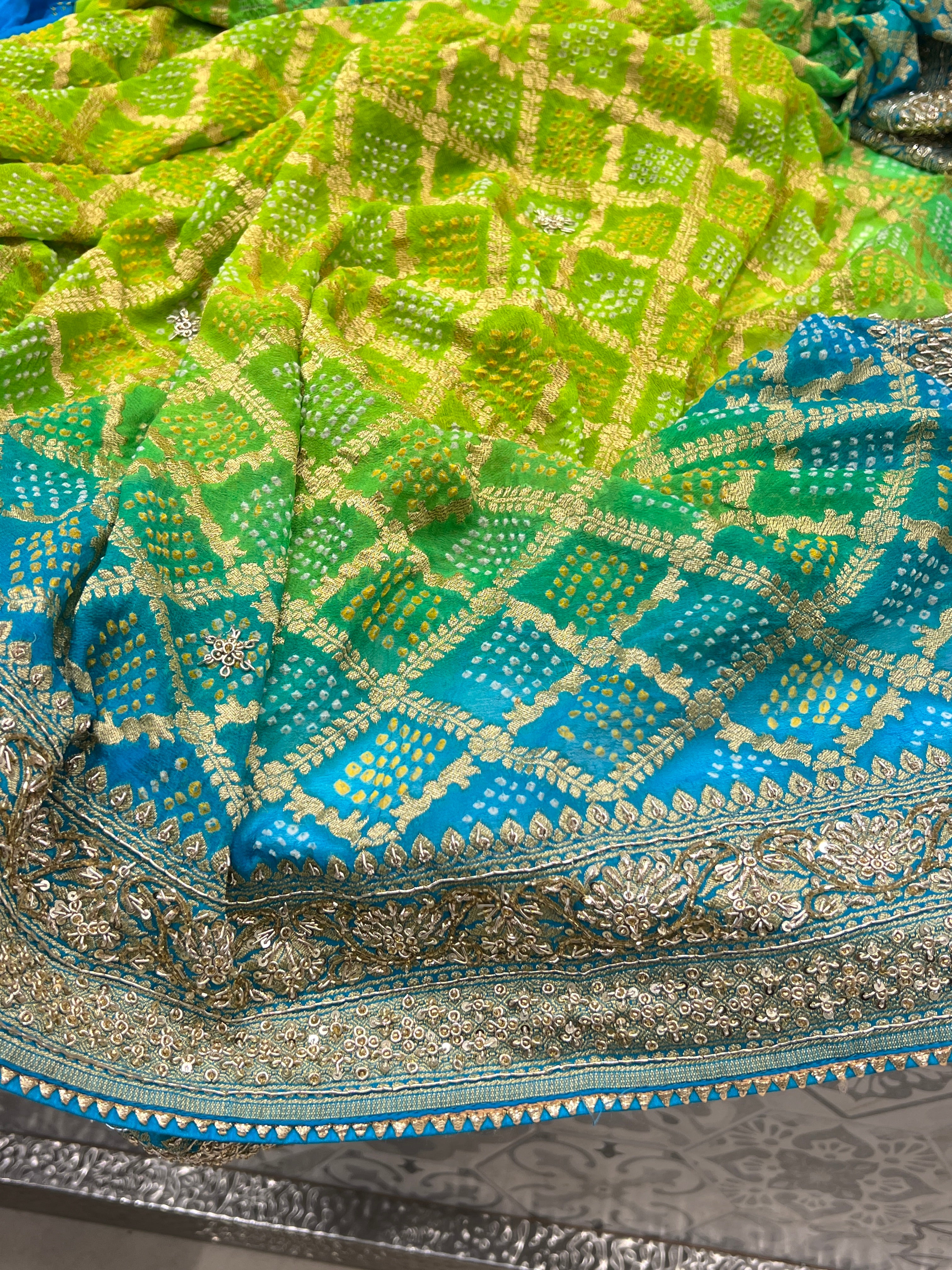 Shaded Blue Green Bandhej Zardozi Hand Embroidery Saree