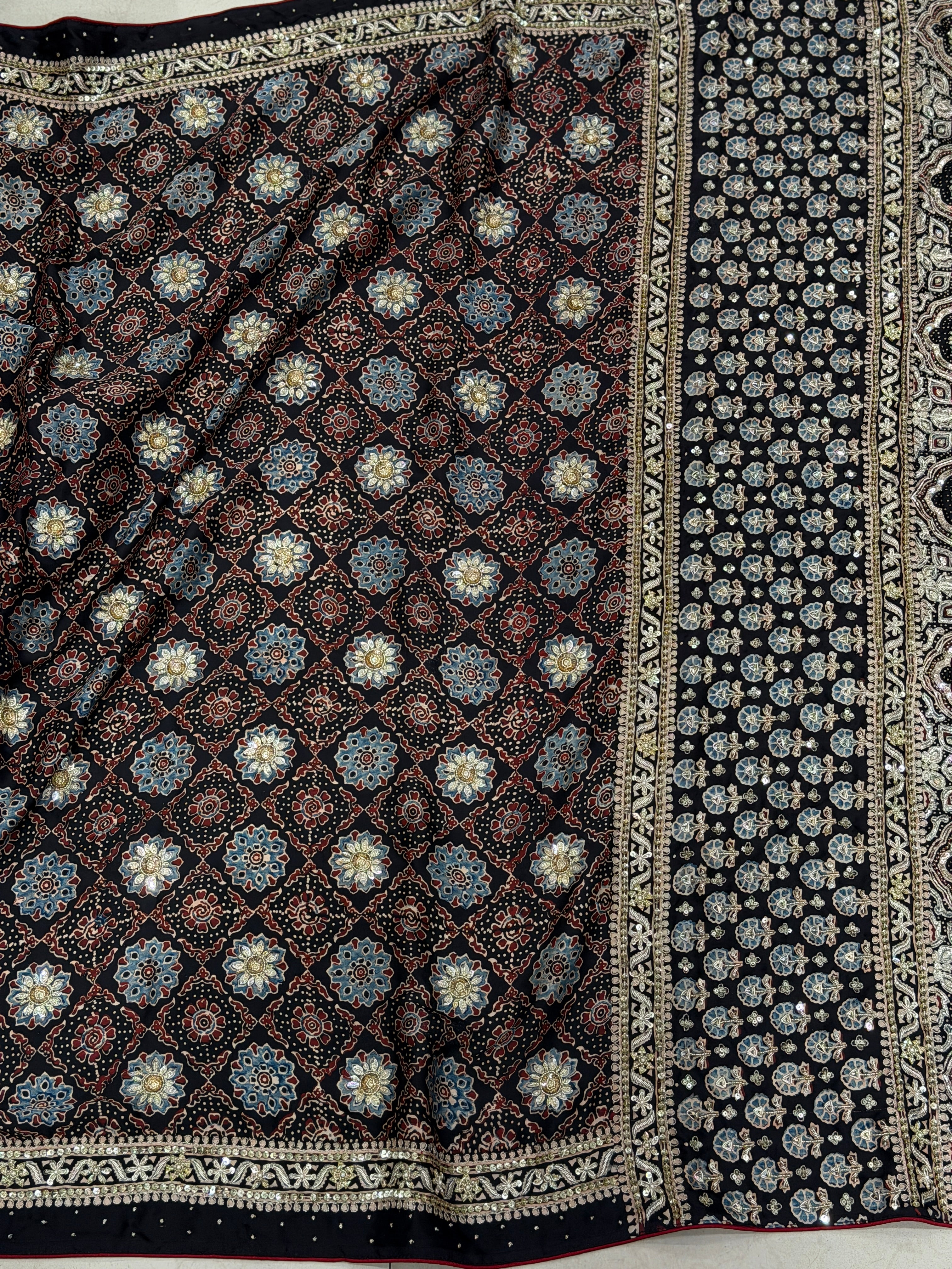 Black Floral Butta Pita Sequin Ajrakh Hand Embroidery Saree