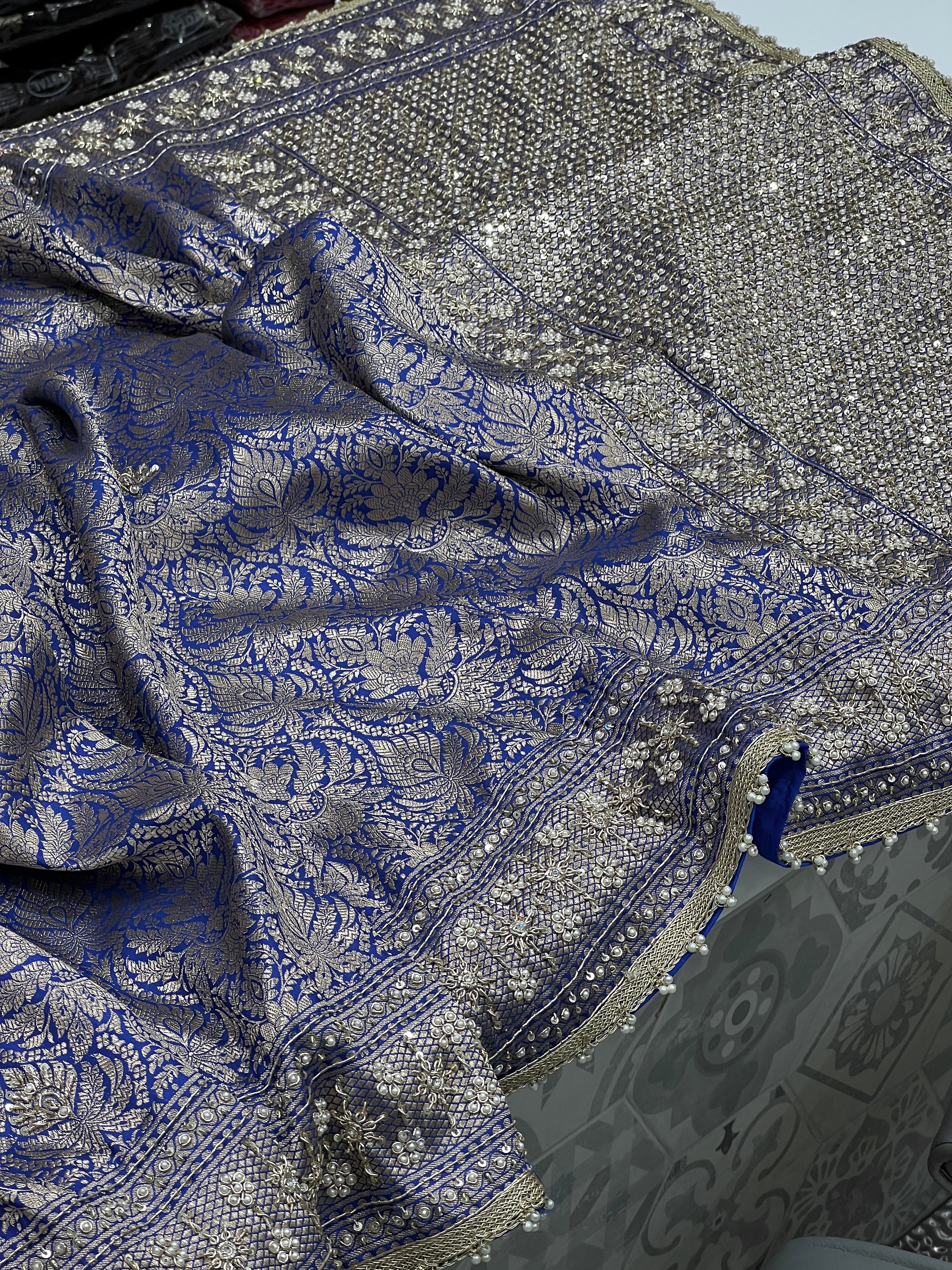 Blue Katan Hand Embroidery Saree