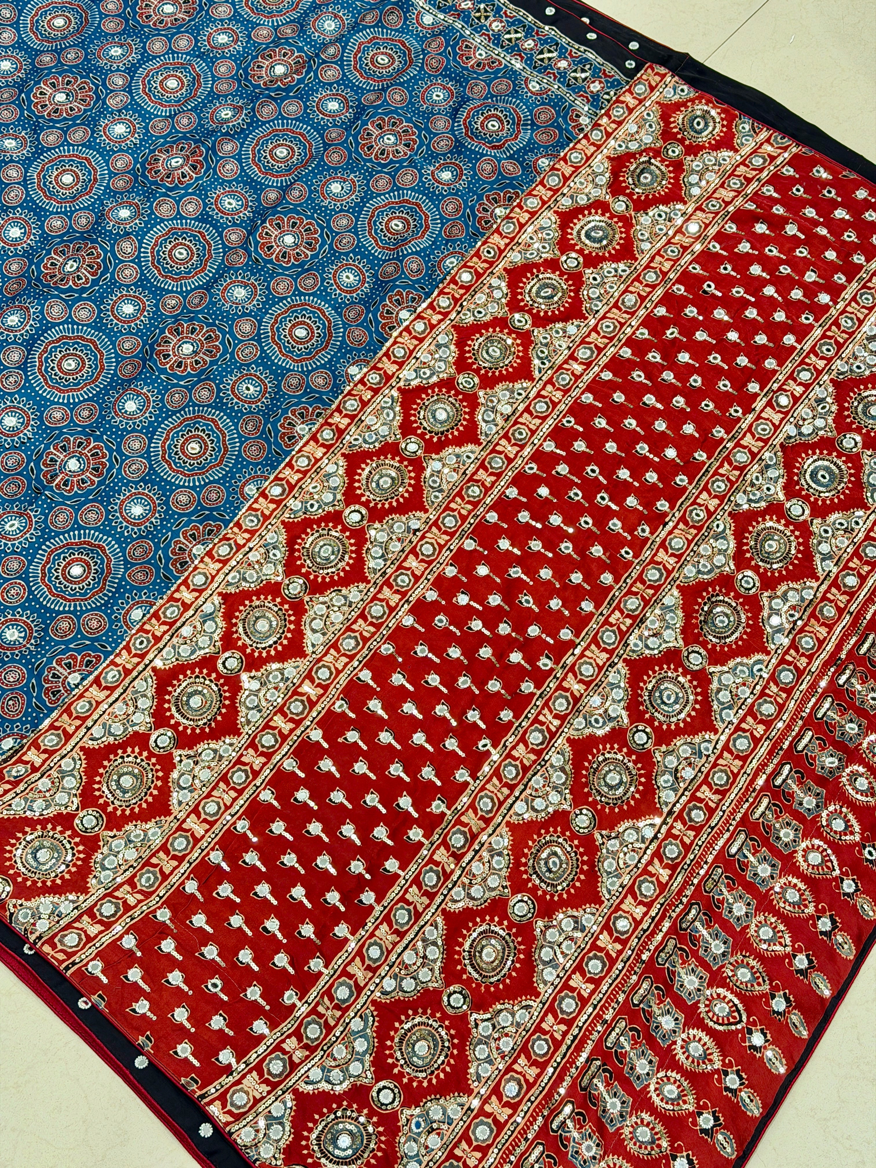 Blue Red Jaal Ajrakh Real Mirror Moti Sequin Hand Embroidery Saree