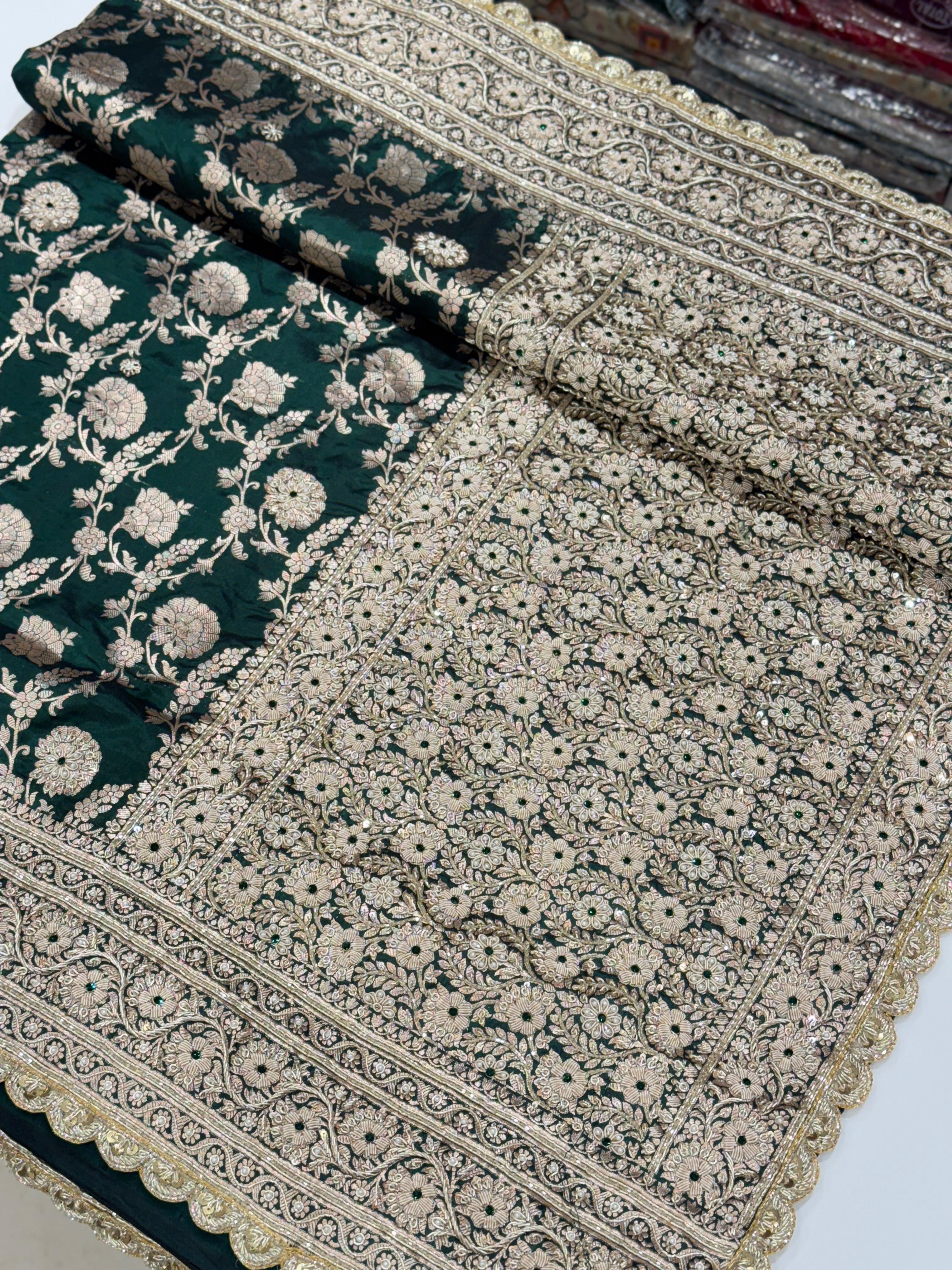 Bottle Green Handloom Banarasi Katan Jaal Zardosi Embroidery Saree