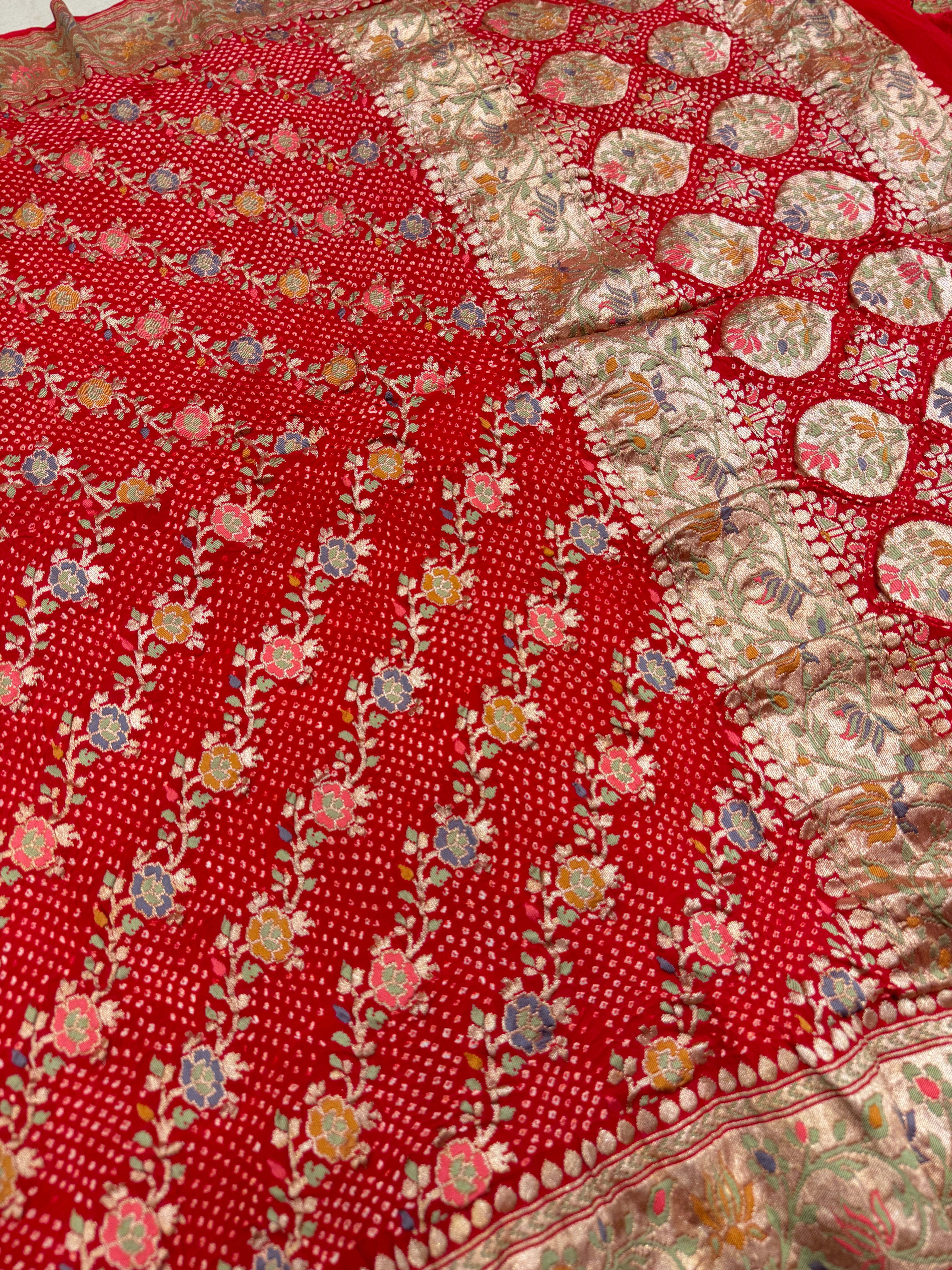 Red Meenakari Floral Leheriya Rai Bandhej Bandhini Georgette Saree