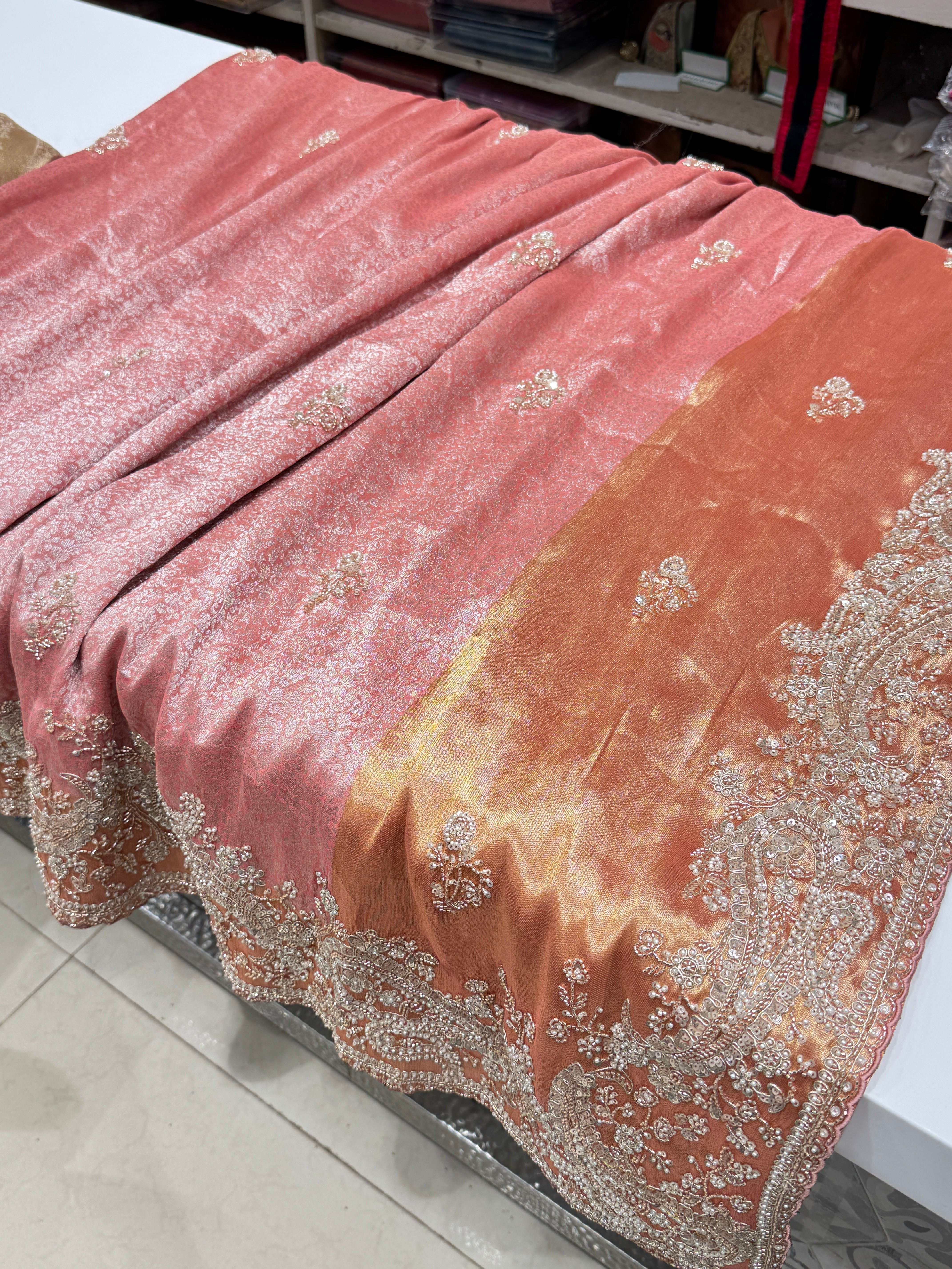 Pink Soft Silk Crystal Moti Embroidered Saree