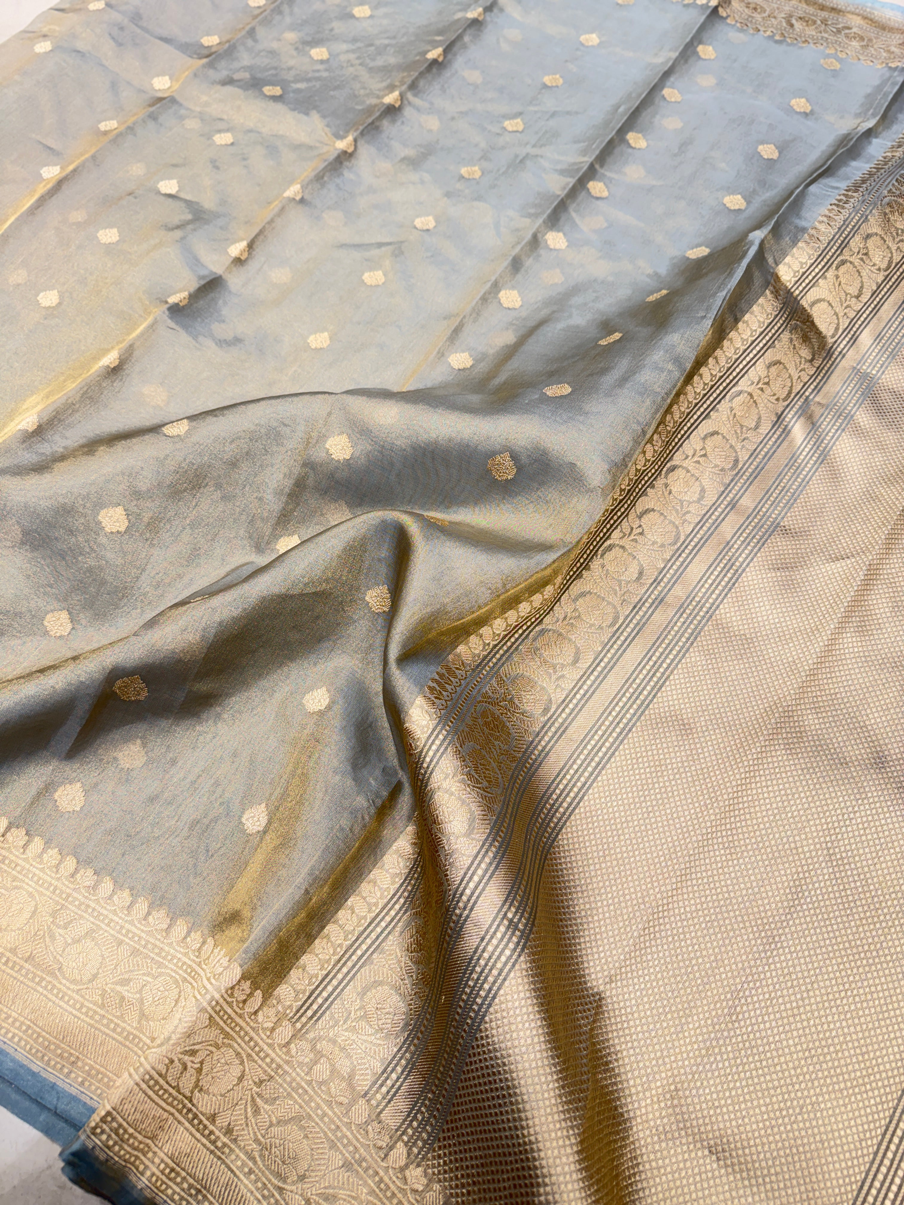 Cement Blue Handloom Banarasi Tissue Kadwa Buttis Saree