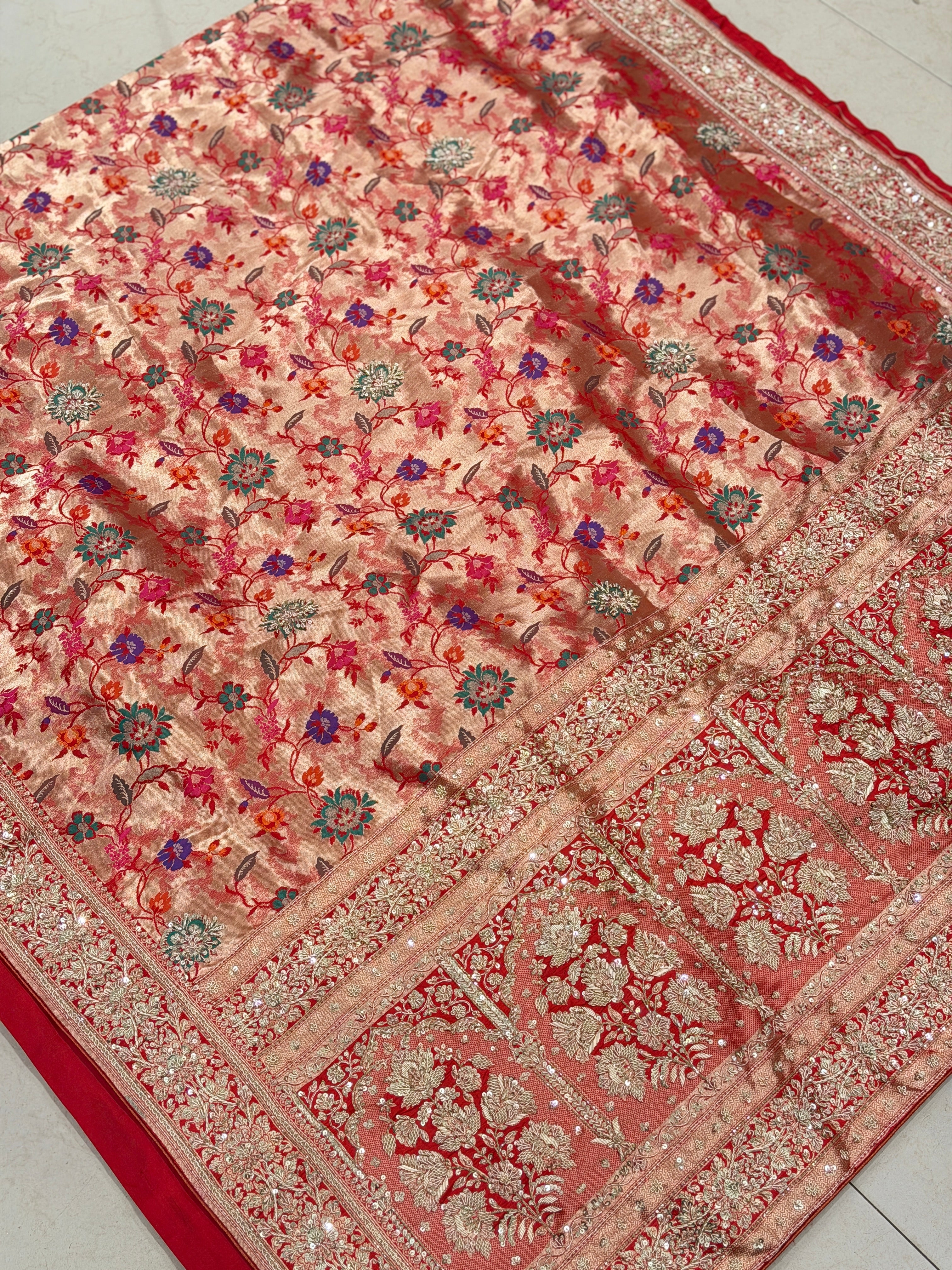 Banarasi Katan Tissue Meenakari Weave Zardosi Hand Embroidery Saree
