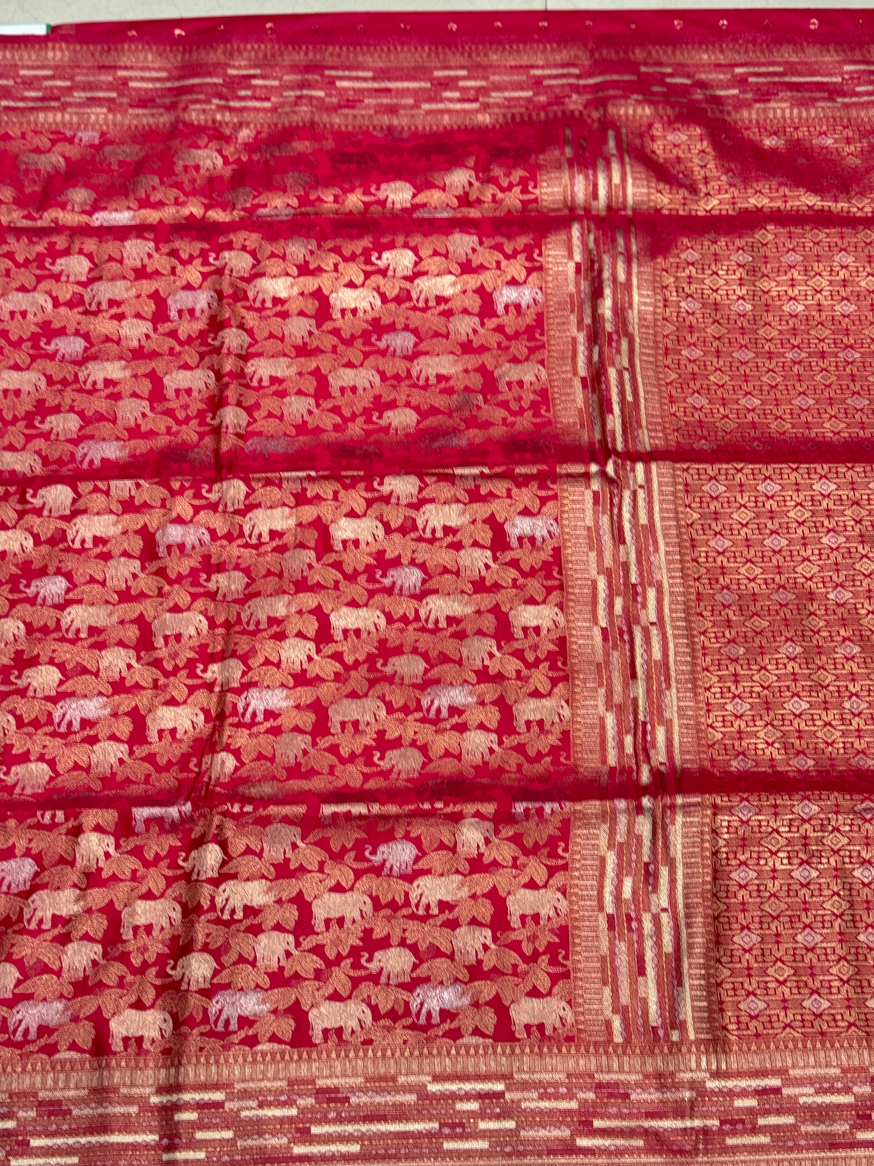 Rani Pink Banarasi Soft Silk Semi Elephant Motif Saree