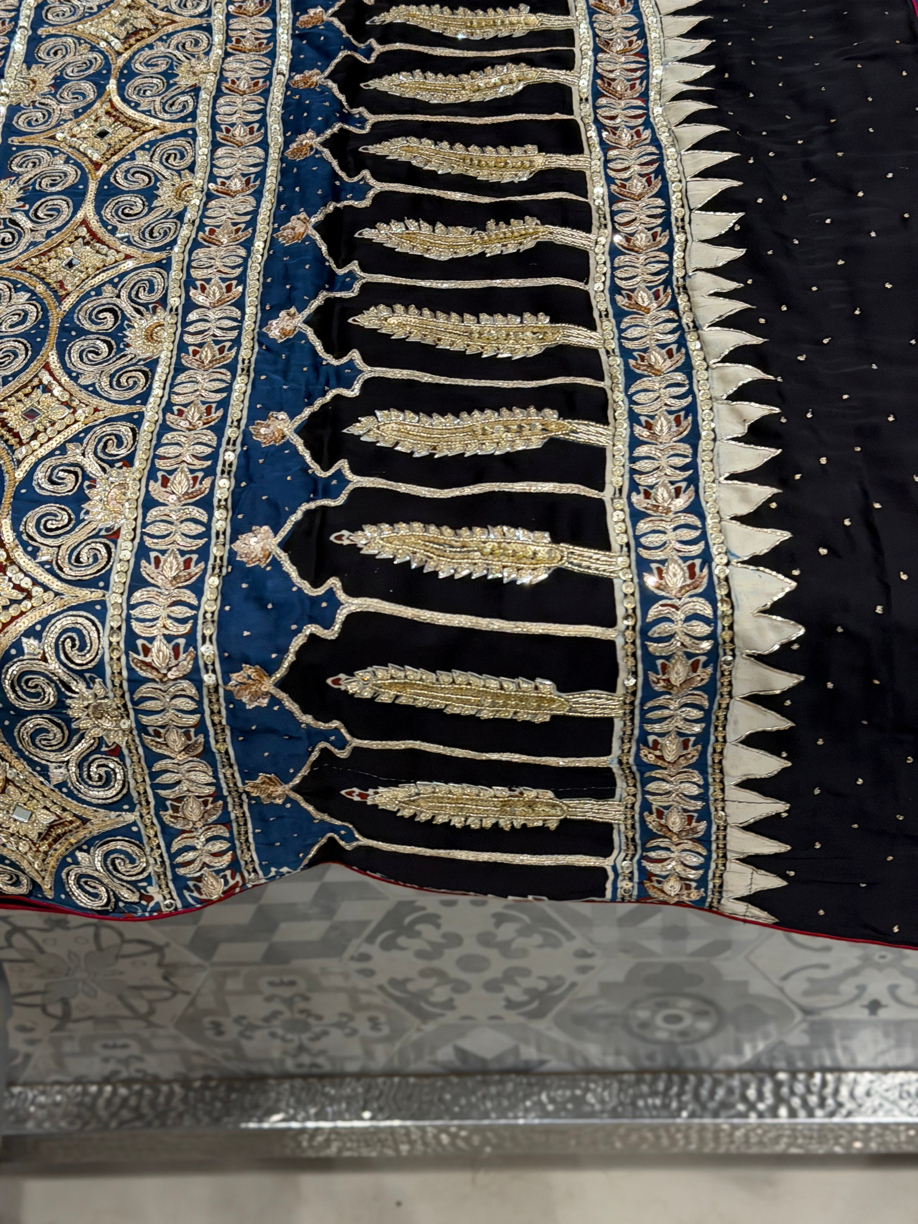 Blue Buttas Pita Zardosi Sequin Ajrakh Hand Embroidery Saree