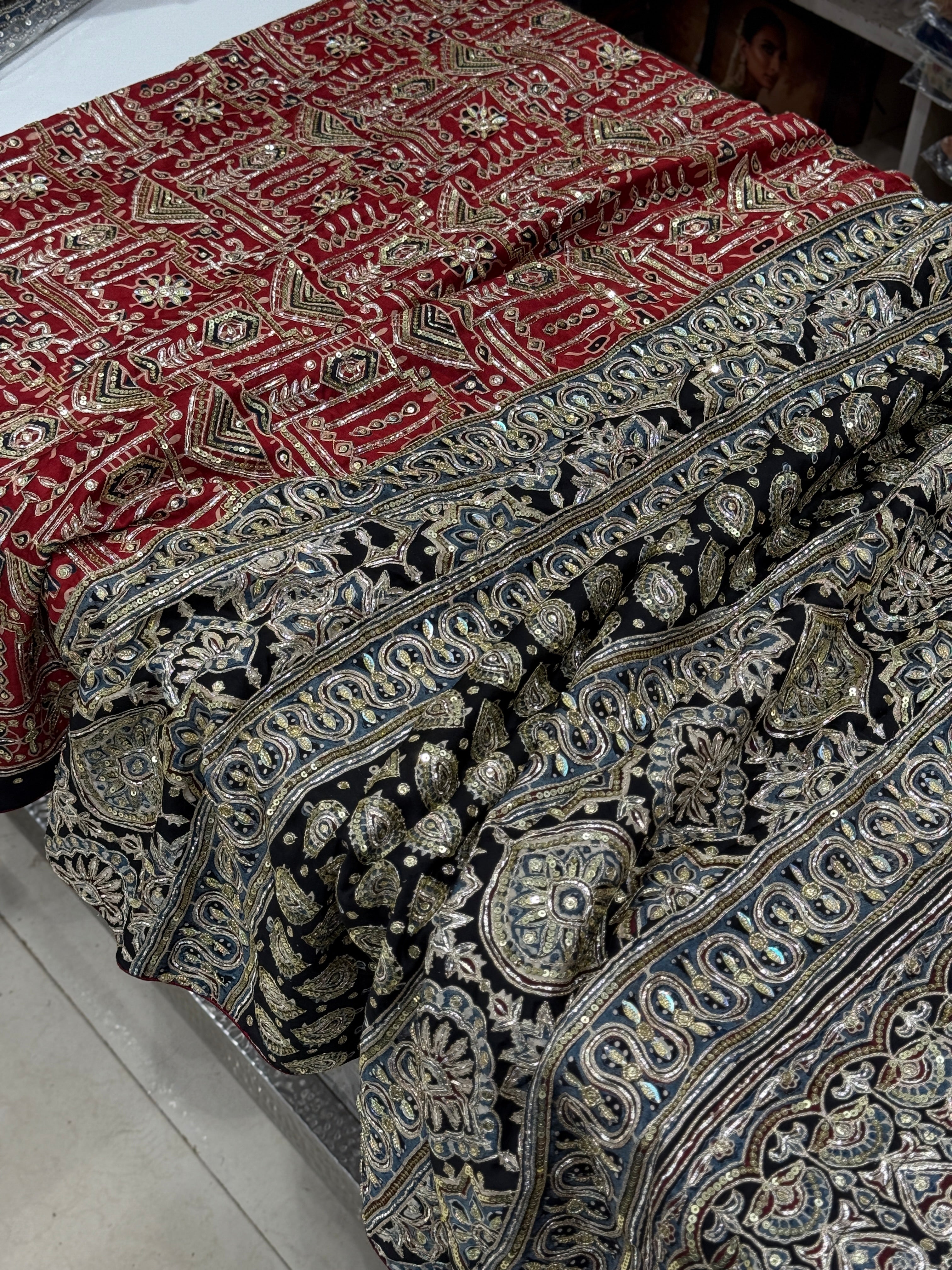 Red Contemporary Pita Zardosi Sequin Ajrakh Hand Embroidery Saree