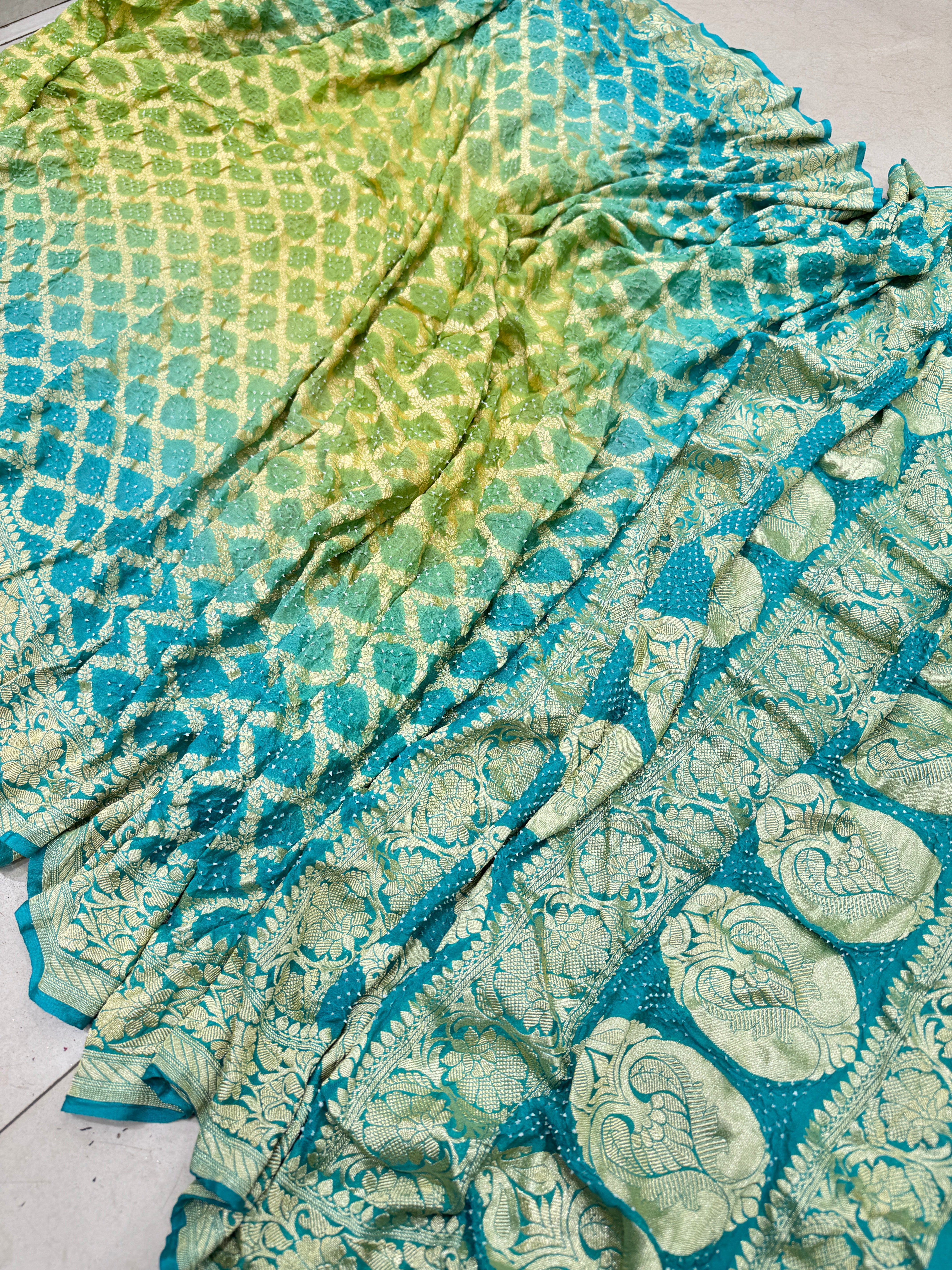 Shaded Green Blue Bandhej Bandhini Saree