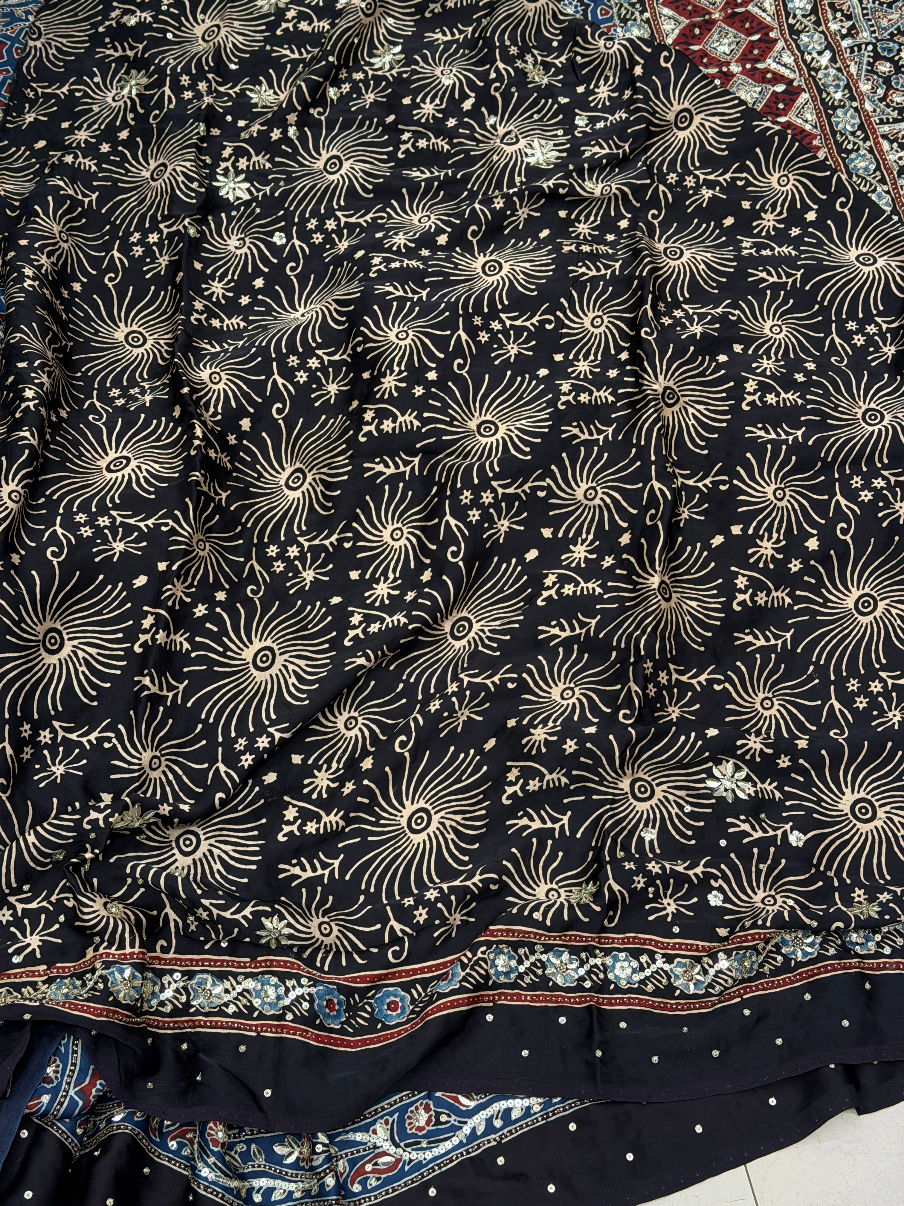 Blue Four Square Moti Sequin Ajrakh Hand Embroidery Saree