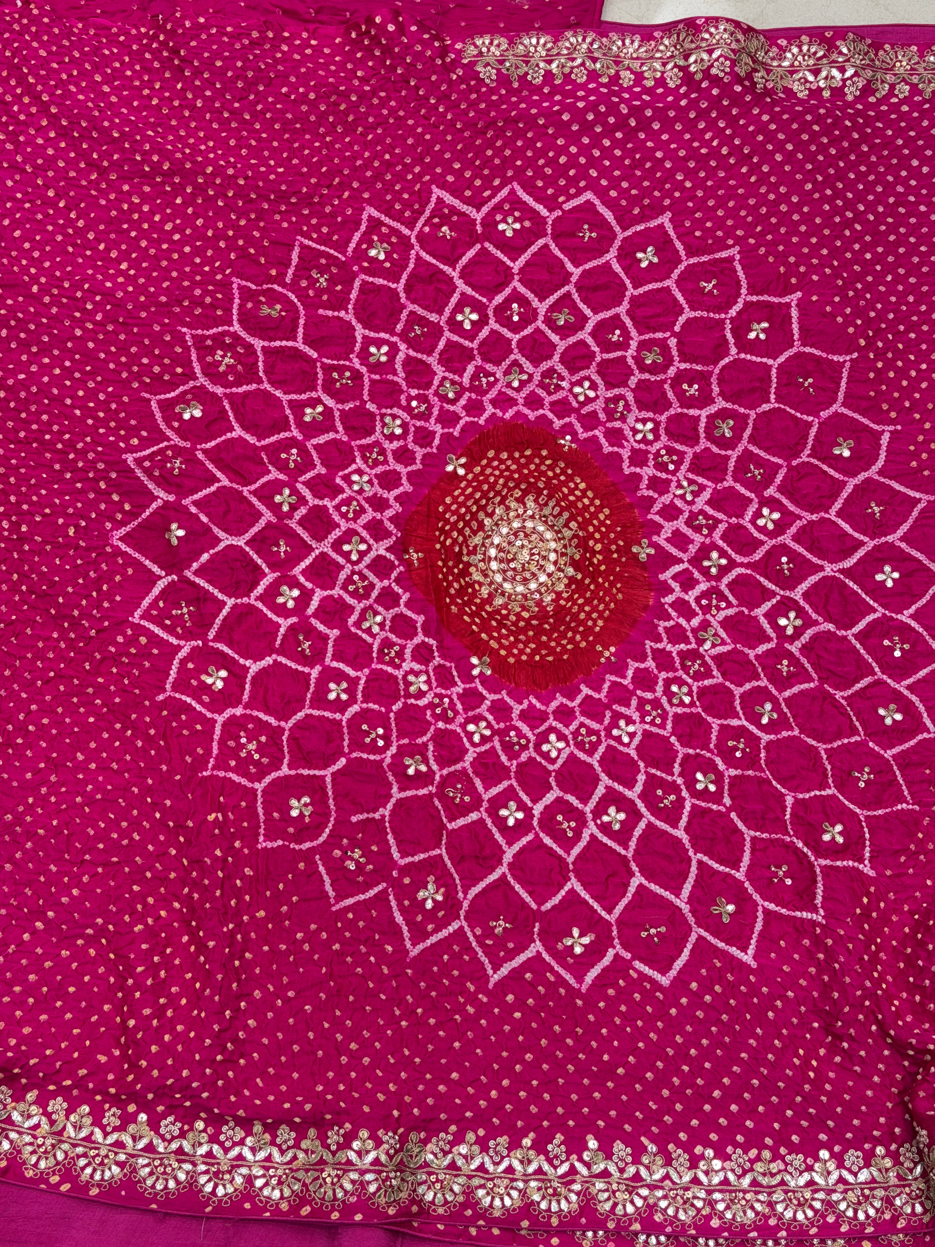 Rani Pink Gajji Silk Rai Bandhej Hand Done Gotapatti Saree