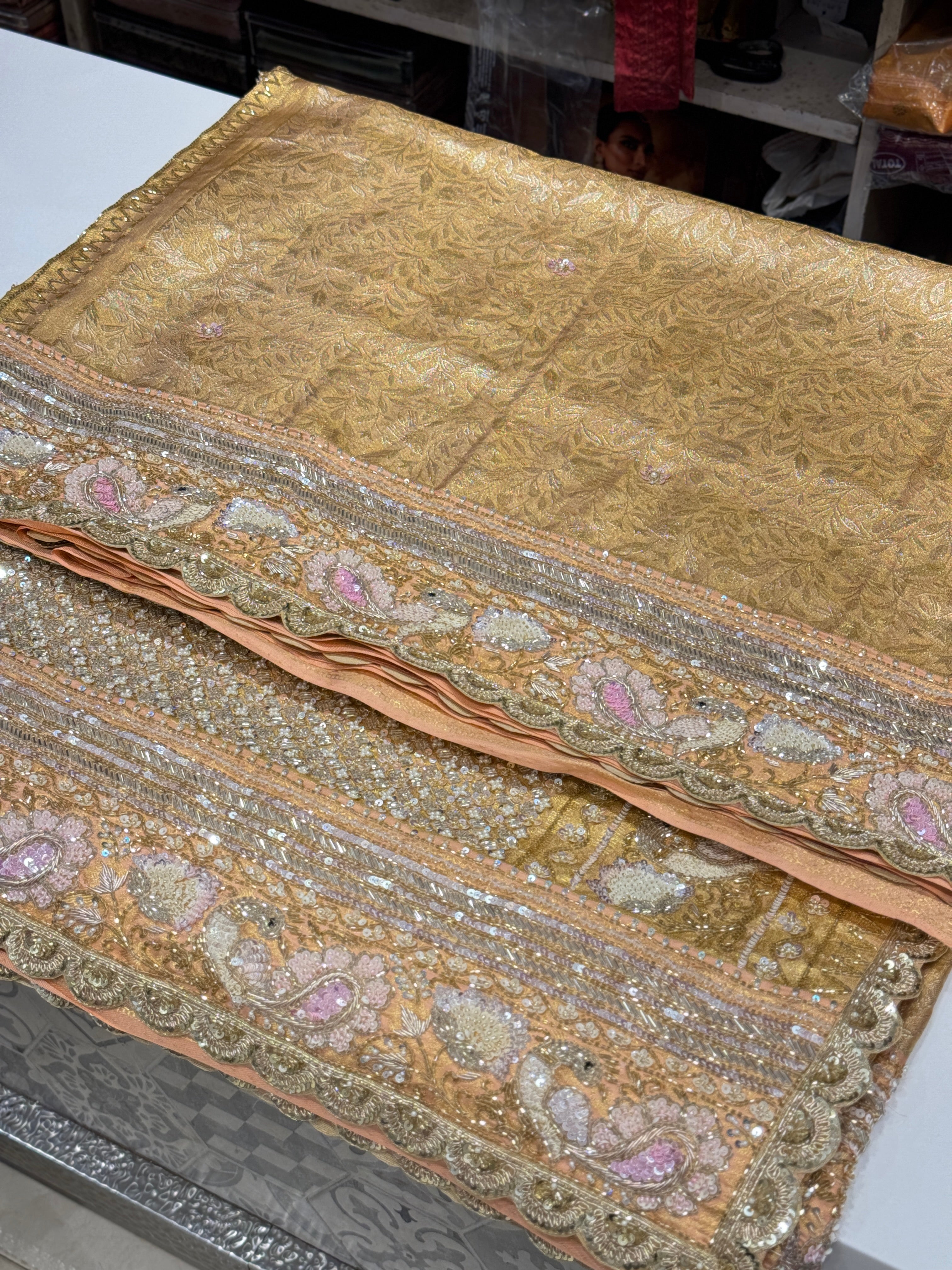 Peach Kanjivaram Motif Hand Embroidery Saree