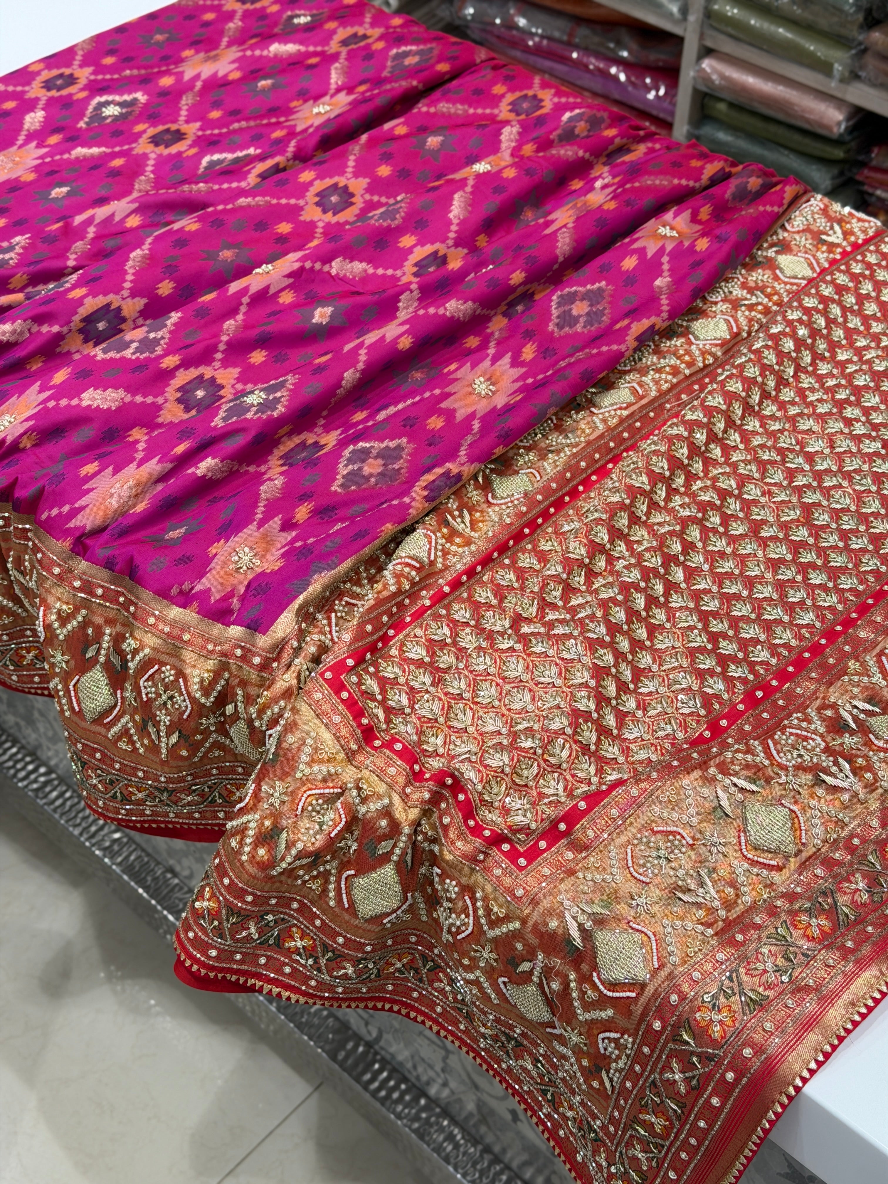 Wine Banarasi Ikat Patola Zardosi Hand Embroidery Saree