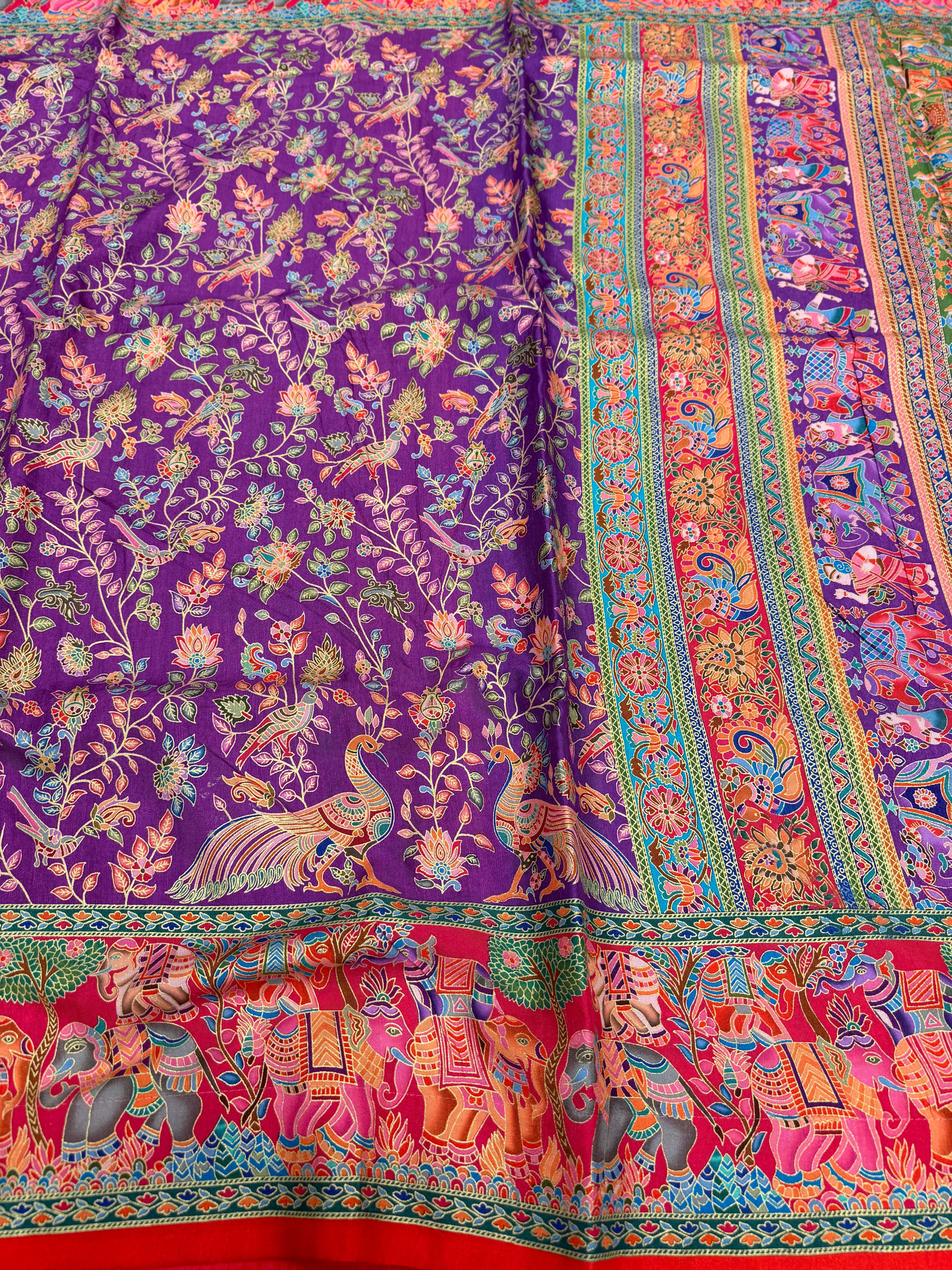 Violet Red Skirt Printed Pashmina Style Multi Colour Saree