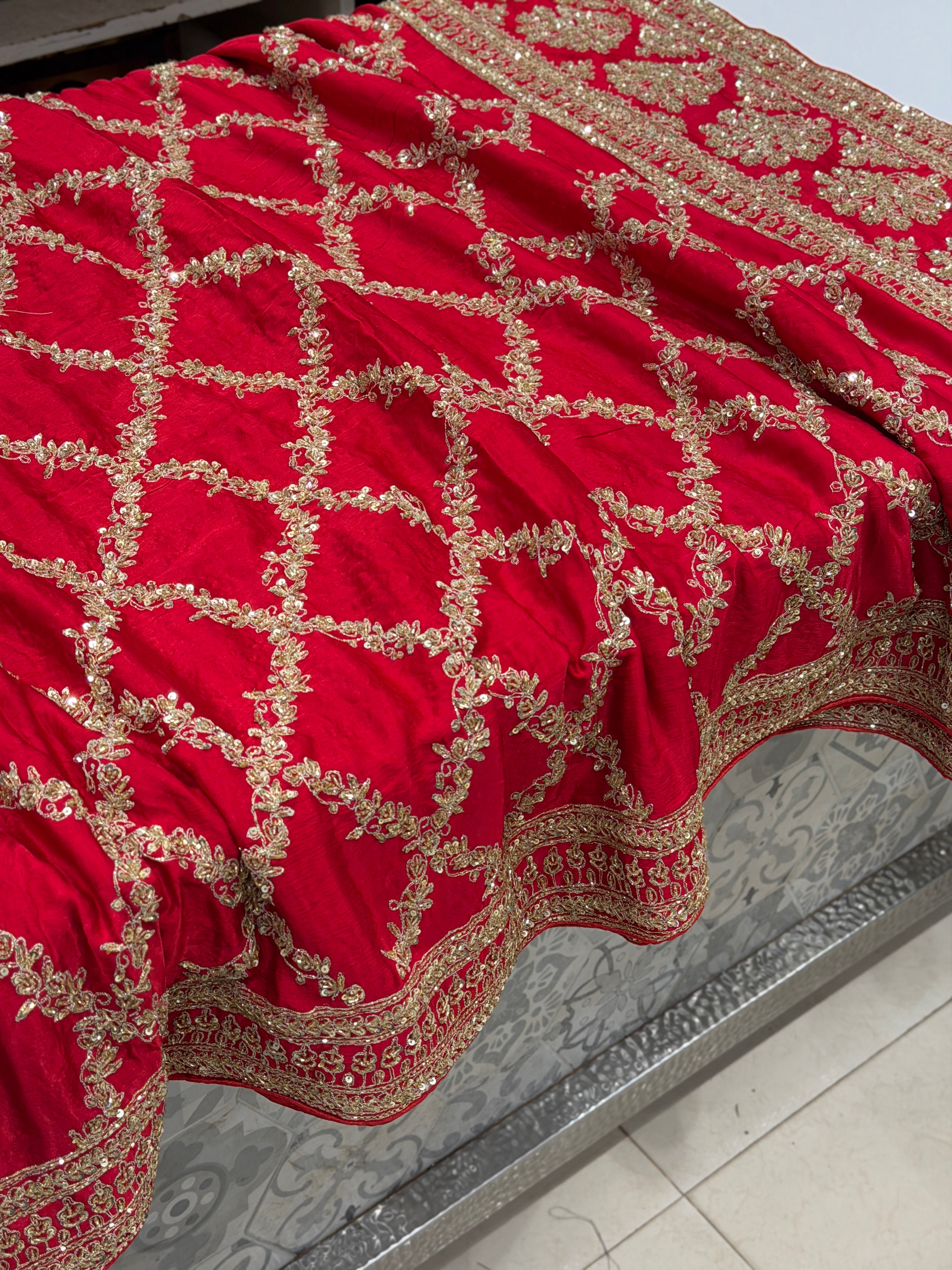 Red Crepe Satin Sabyasachi Inspired Zardosi Jaal Embroidery Saree