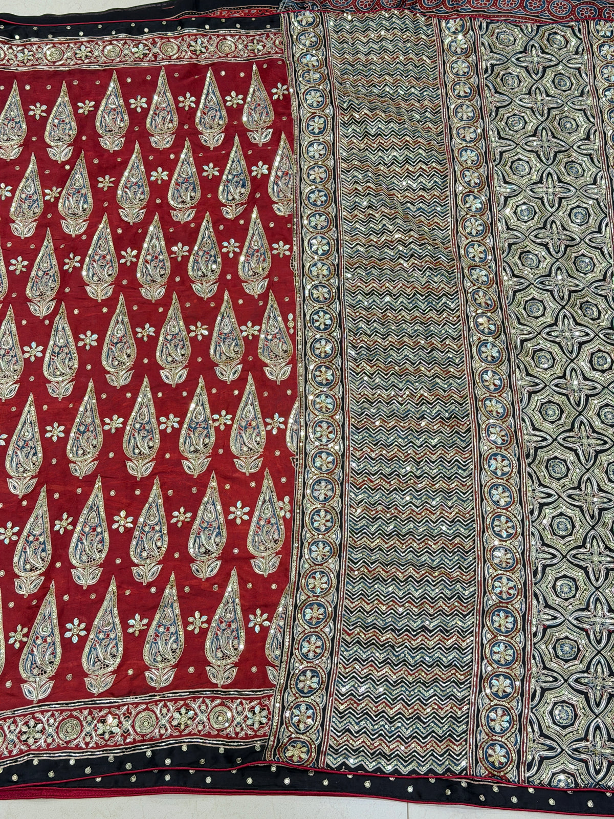 Red Buttas Pita Zardosi Sequin Ajrakh Hand Embroidery Saree