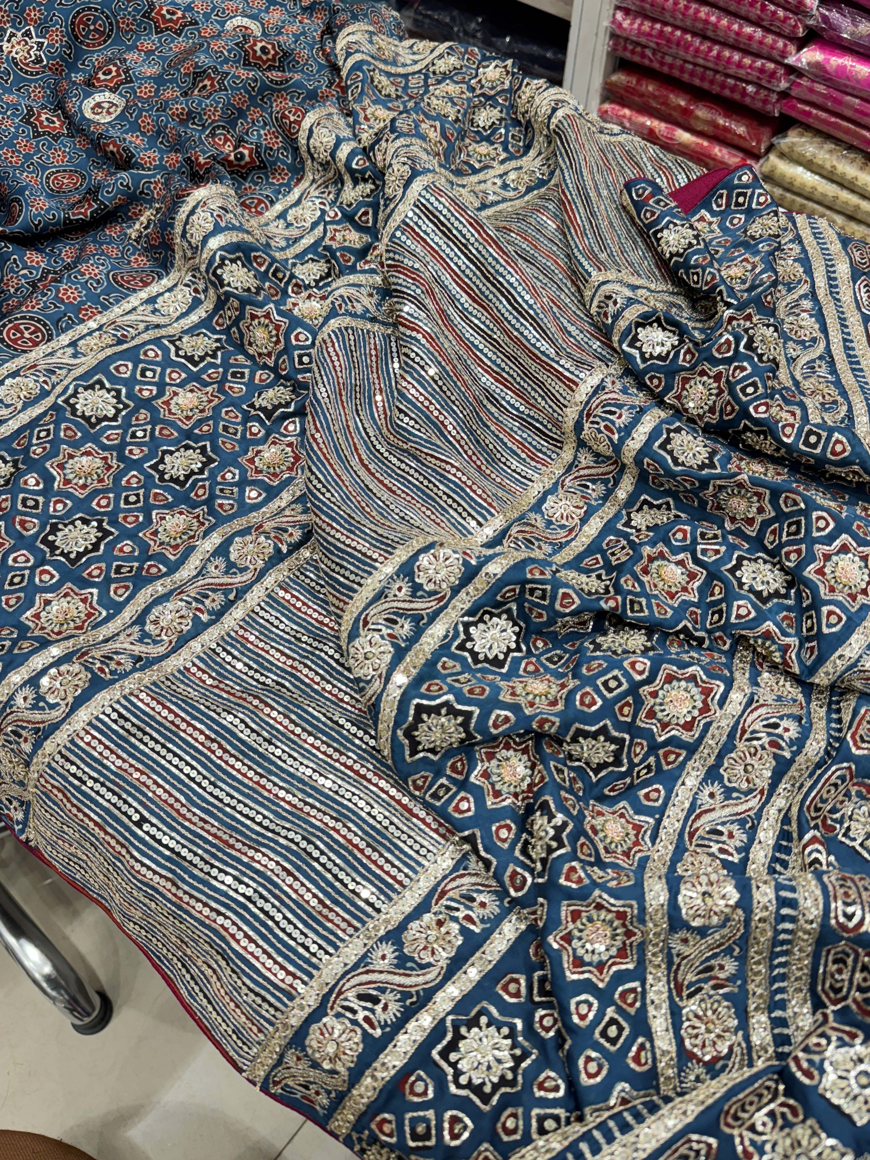 Ajrakh Hand Embroidery Zardosi and Pita Work