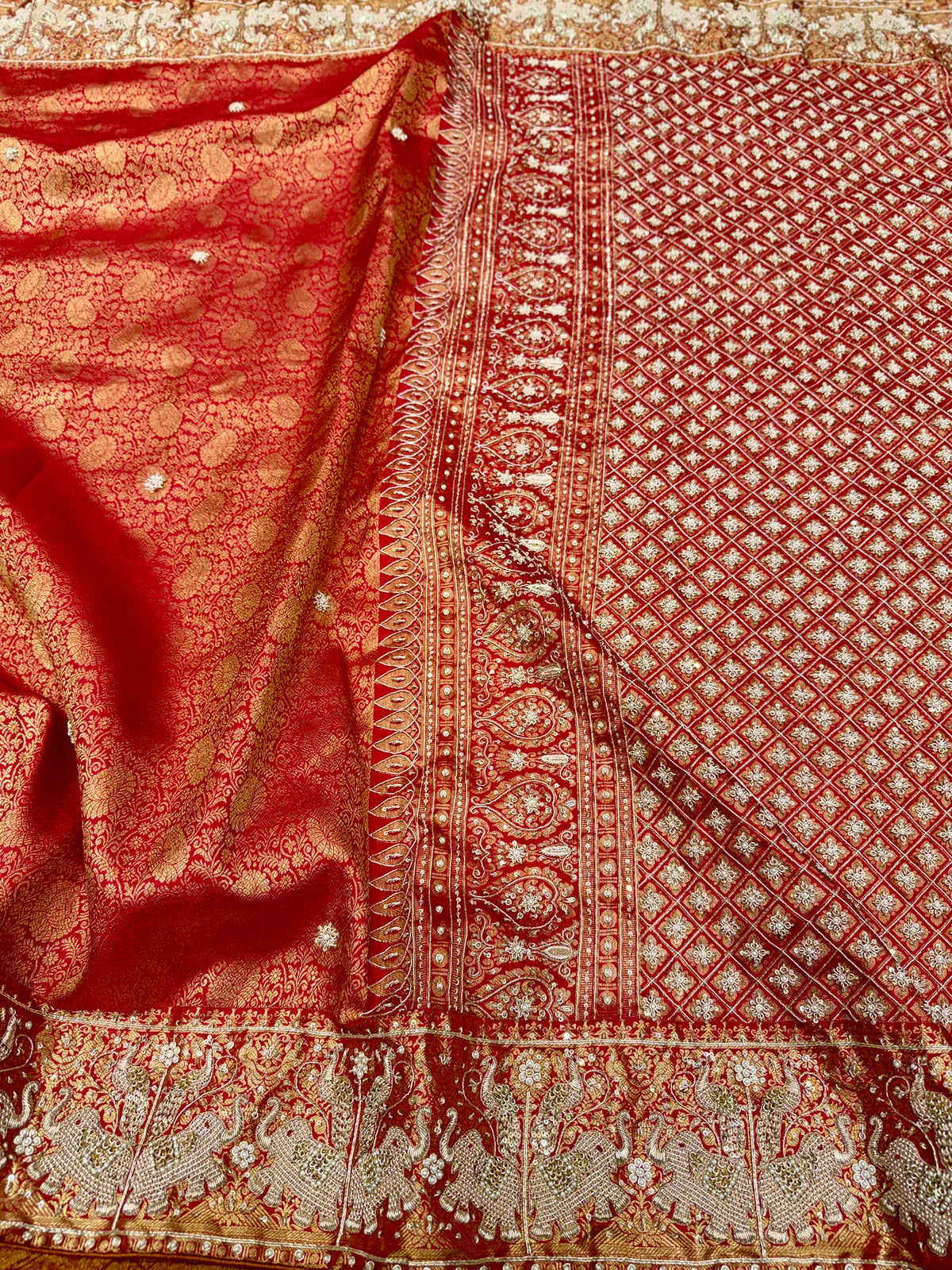 Red Kanjivaram Elephant Motifs Zardosi Hand Embroidery Saree