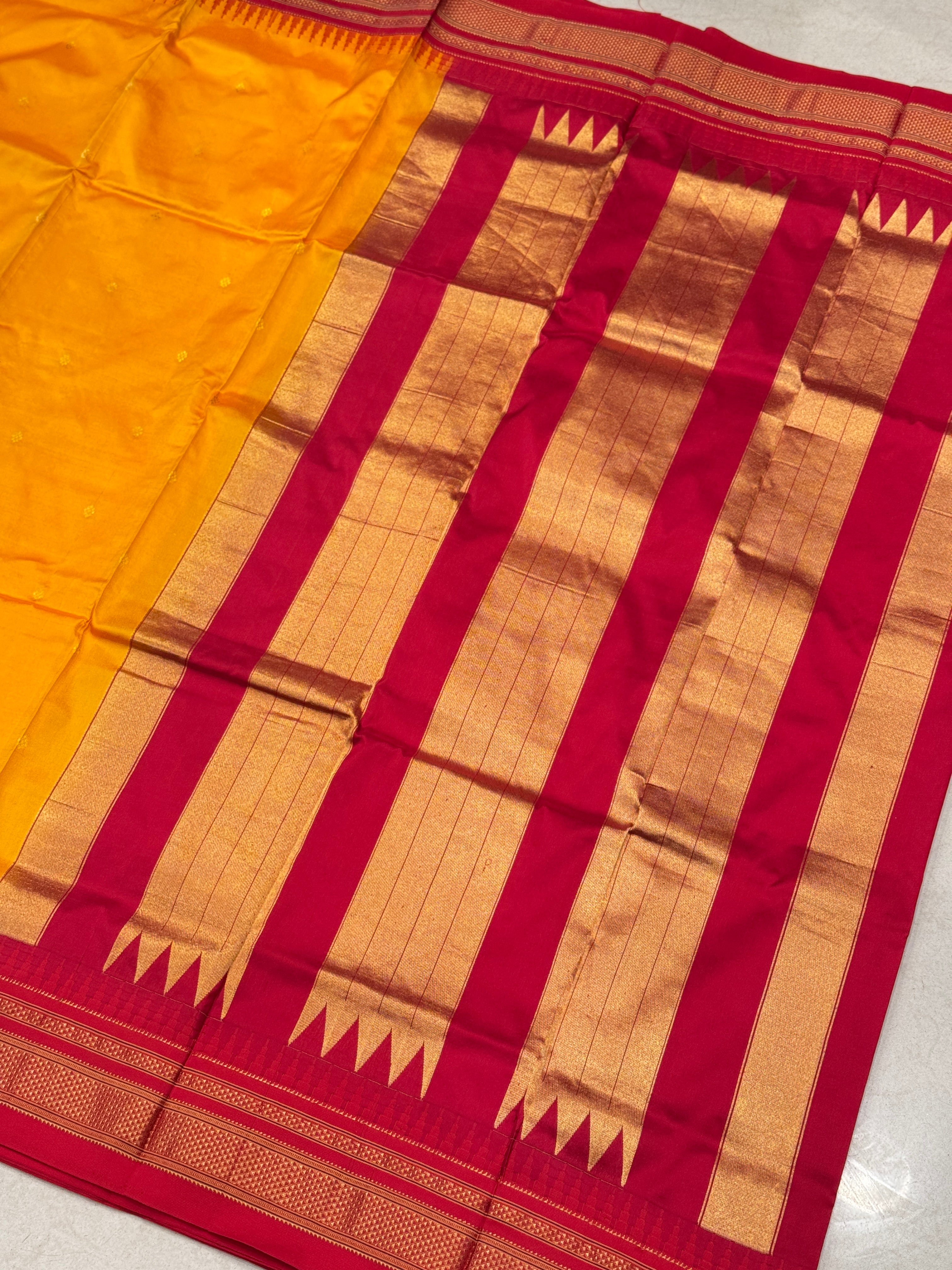 Mustard Yellow Red Silk Saree