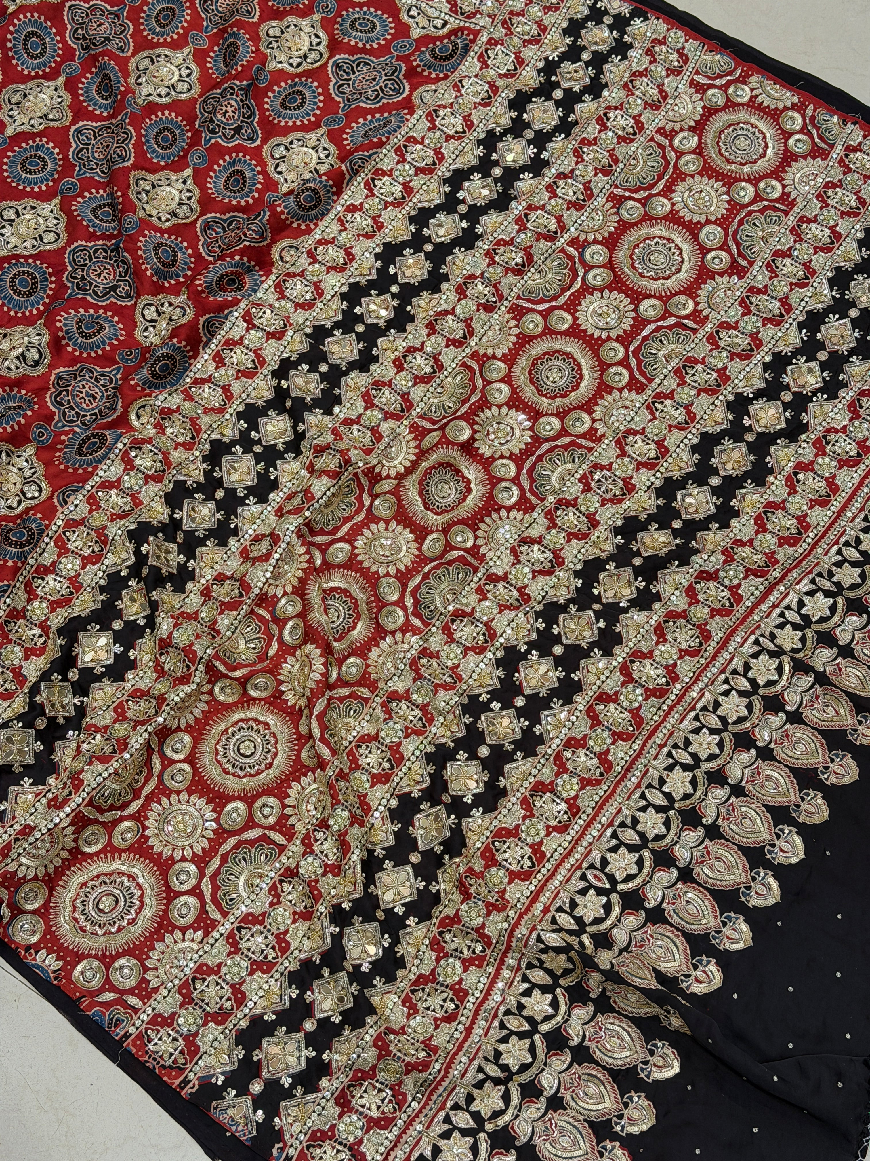 Red Black Badam Jaal Pita Sequin Ajrakh Hand Embroidery Saree