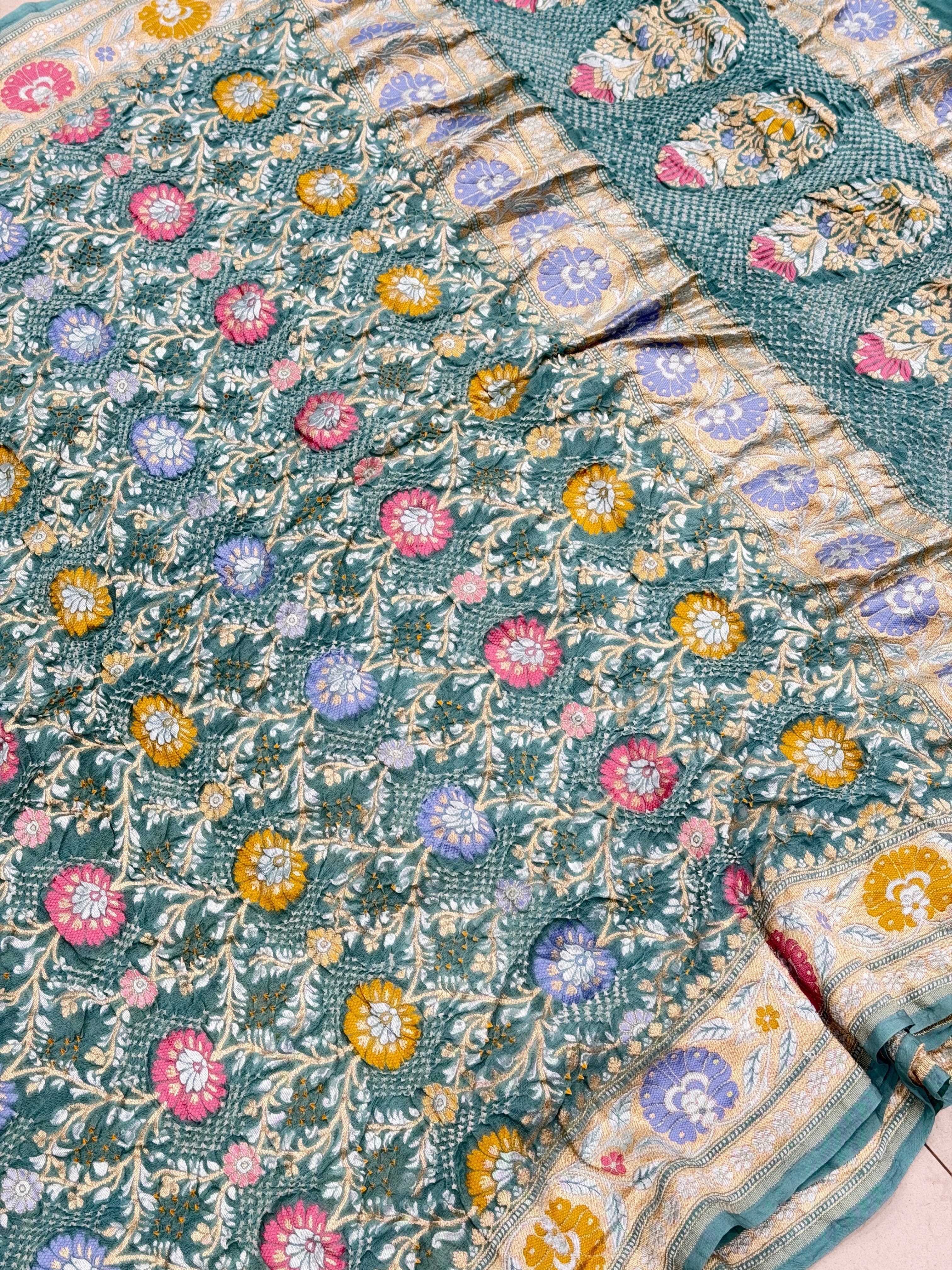 Pastel Sea Green Meenakari Jaal Pure Handloom Bandhej Georgette Saree