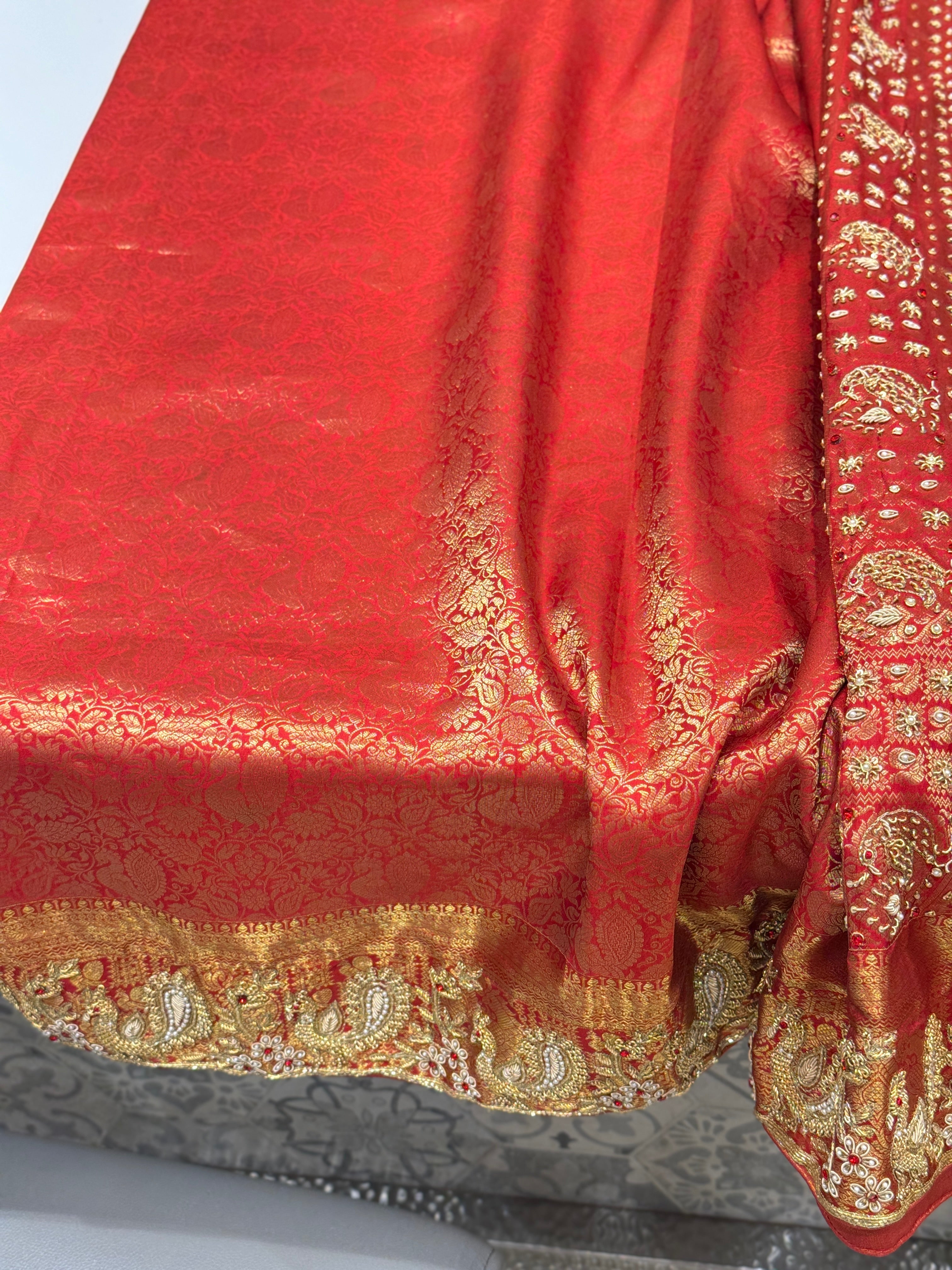 Red Kanjivaram Peacock Motif Zardozi Hand Embroidery Saree