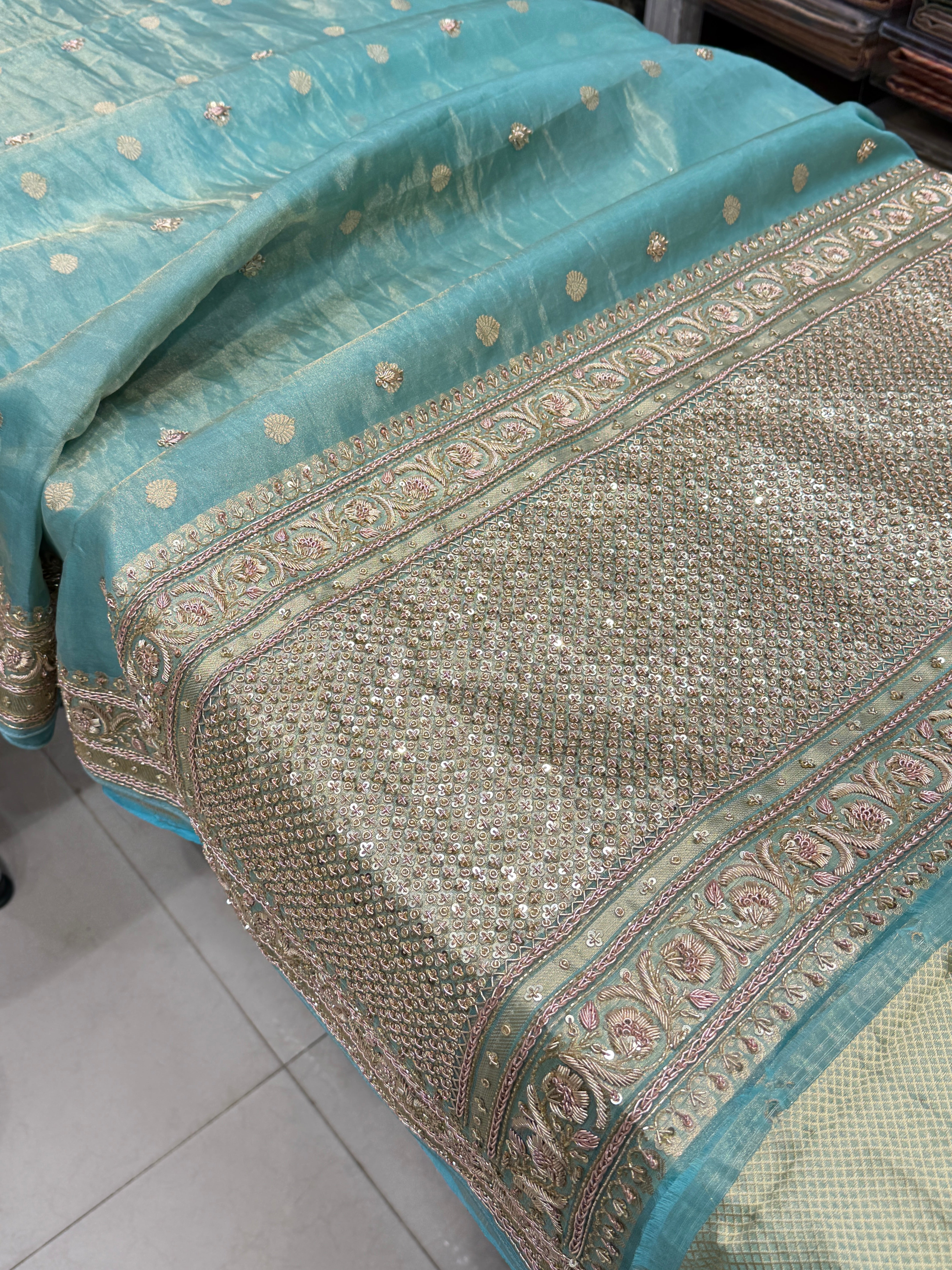 Sea Green Banarasi Tissue Handloom Kadwa Weave Zardosi Embroidery Saree