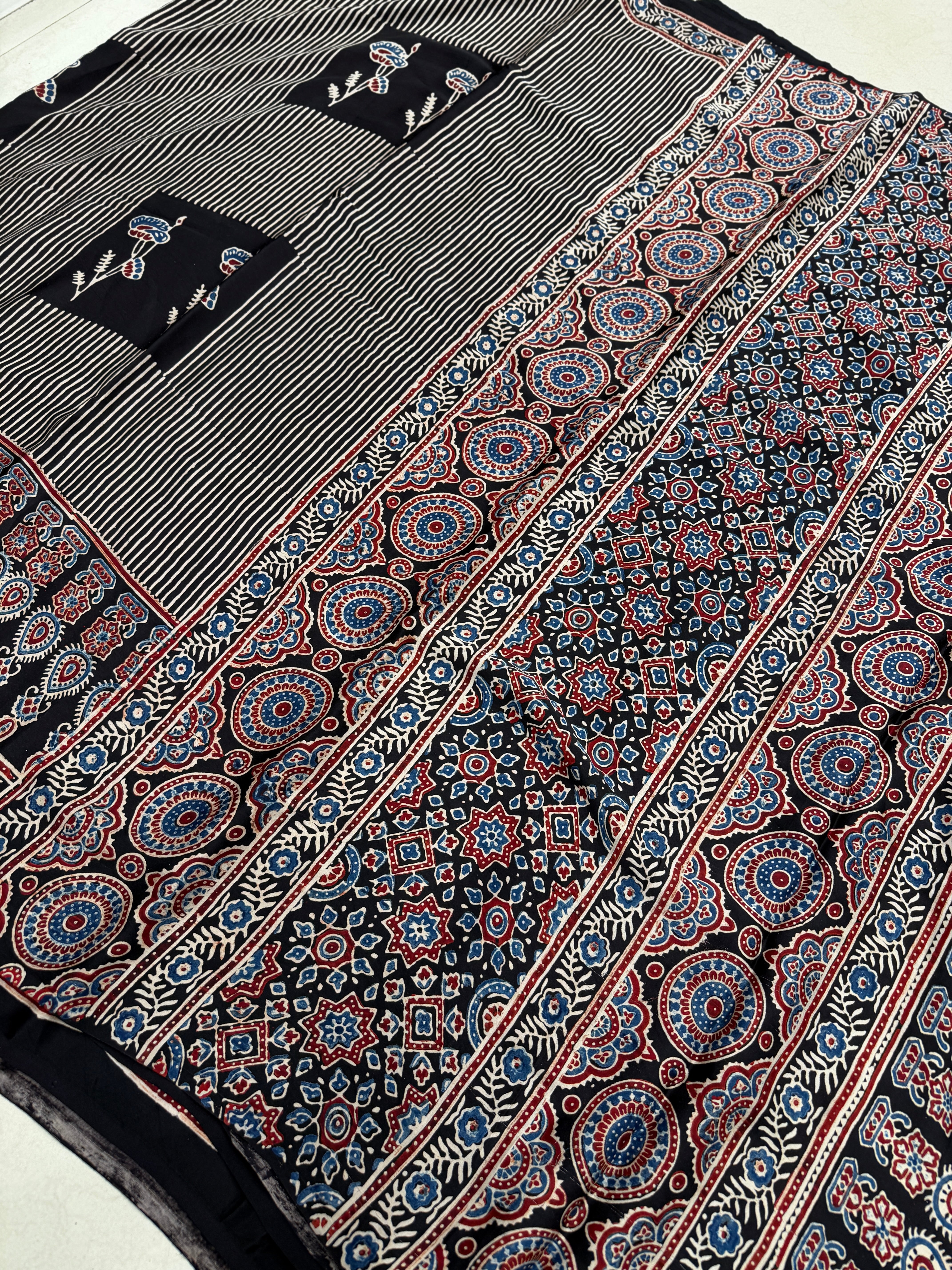 Black Contemporary Butta Ajrakh Hand Block Print Pure Gajji Silk Saree