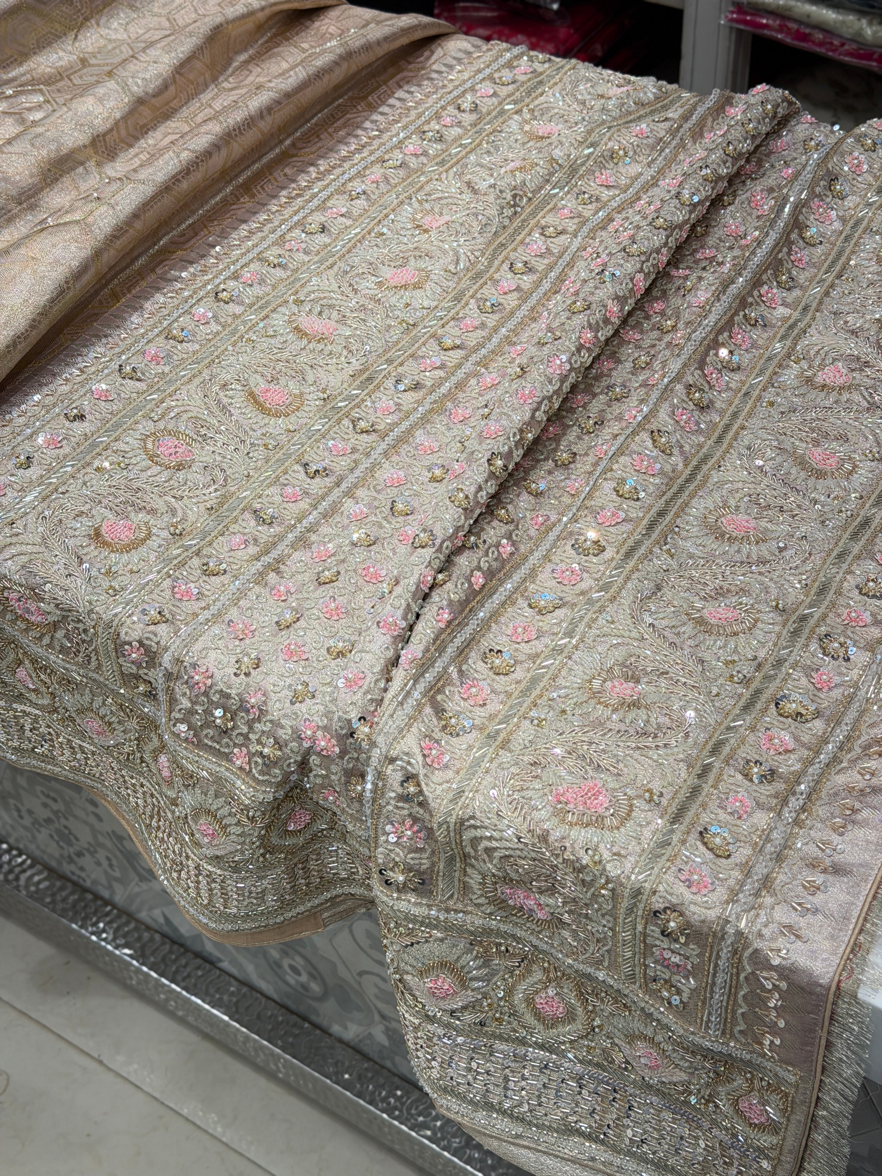 Pink on Silver Zari Handloom Kanjivaram Moti Zardosi Hand Embroidery Saree