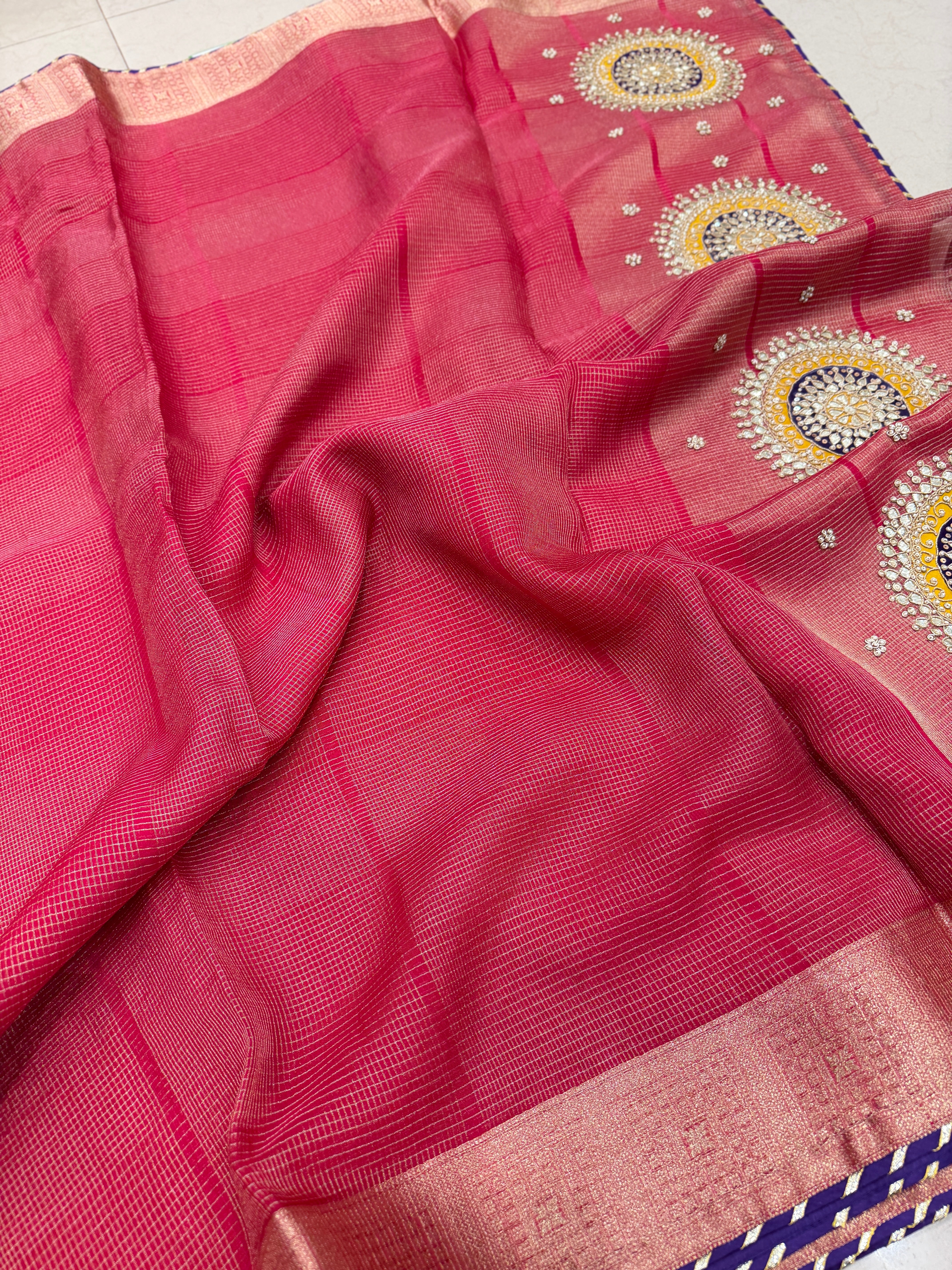 Pink Contemporary Tissue Saree With Gotapatti Patch Ready Blouse