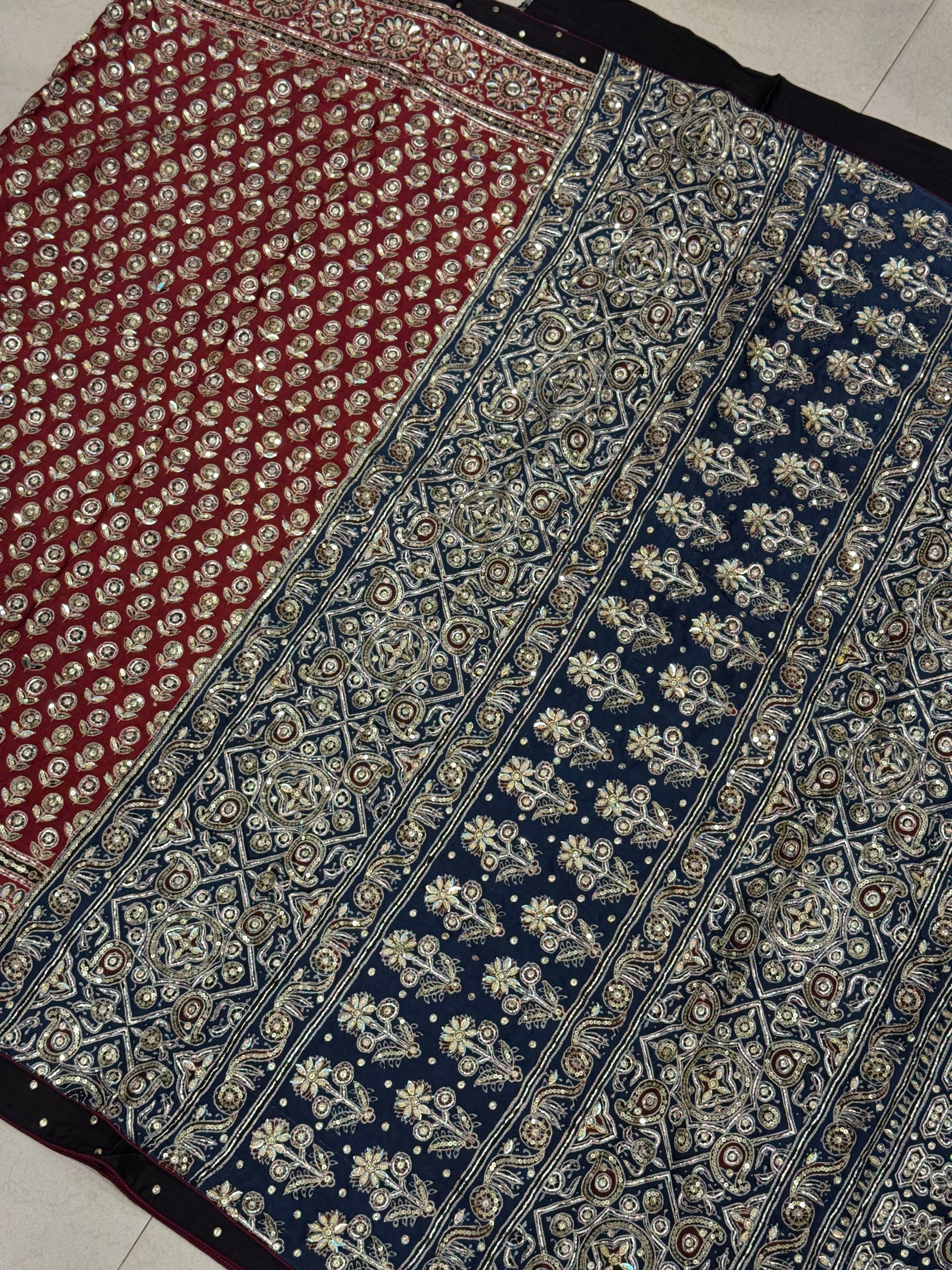 Red Buttis Pita Zardosi Sequin Ajrakh Hand Embroidery Saree