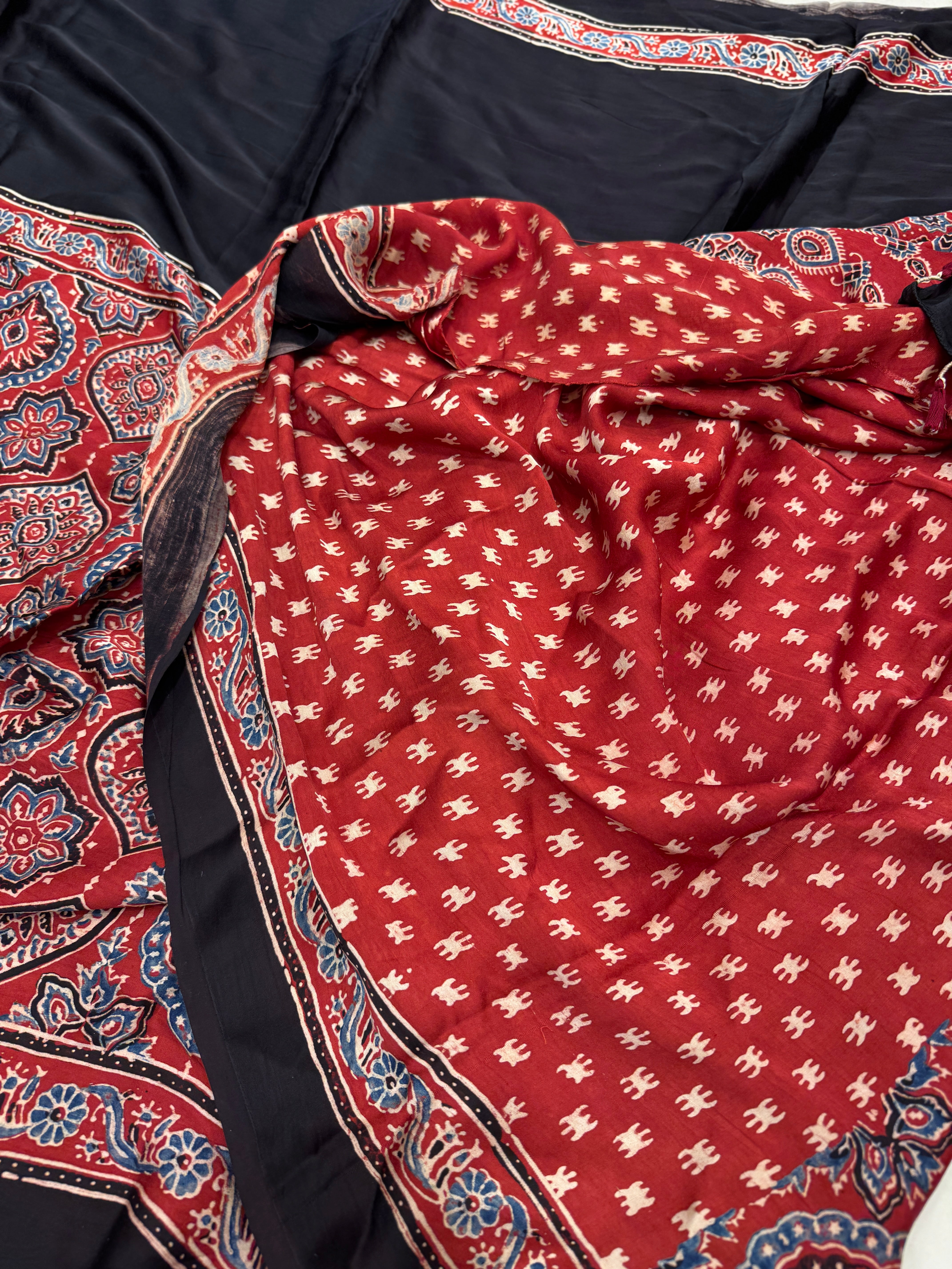 Red Half Contemporary Ajrakh Hand Block Print Pure Gajji Silk Saree