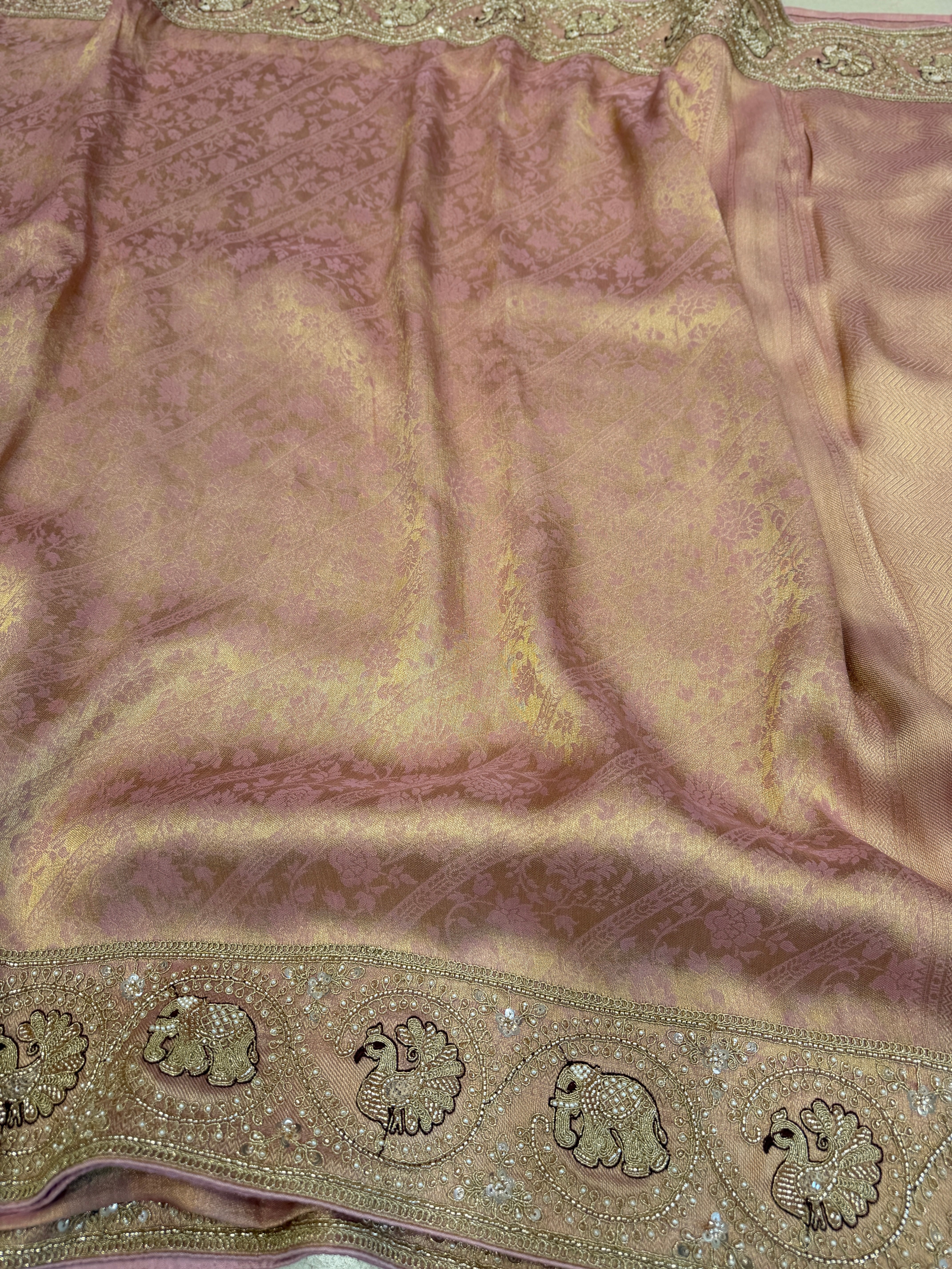 Light Pink Banarasi Crepe Tissue Elephant Motif Embroidery Saree