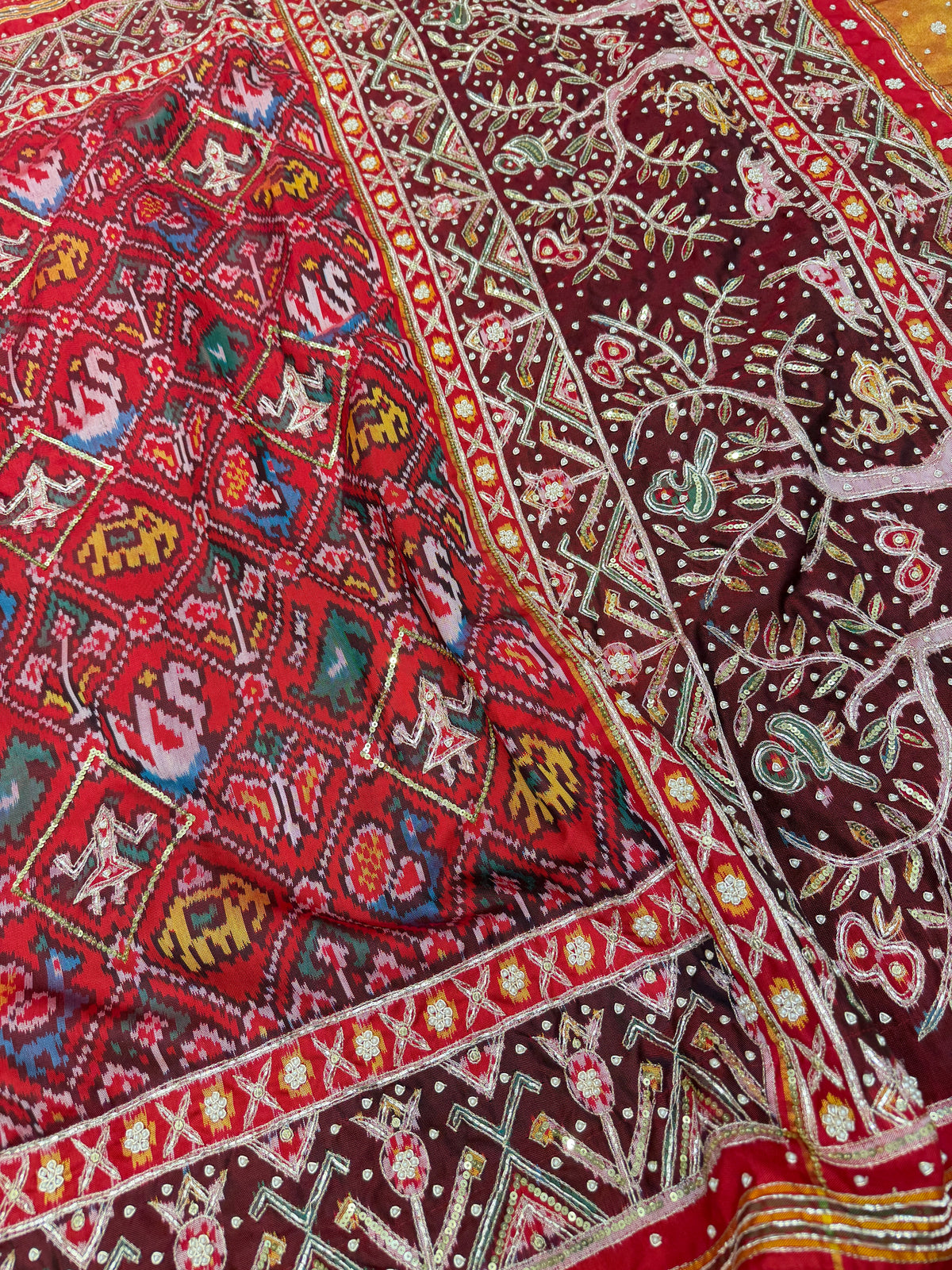 Red Handloom Patan Patola Hand Embroidery Pita Zardosi Saree
