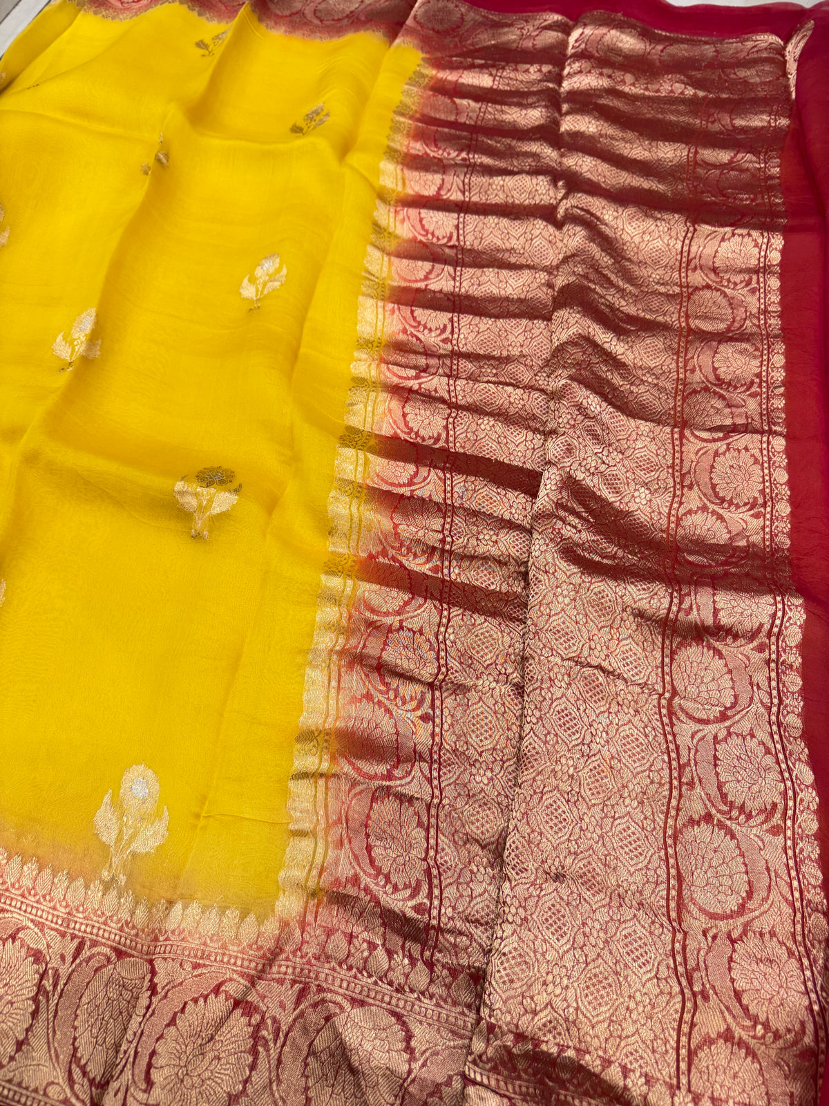 Yellow Red Buttas Handloom Banarasi Kora Silk Saree