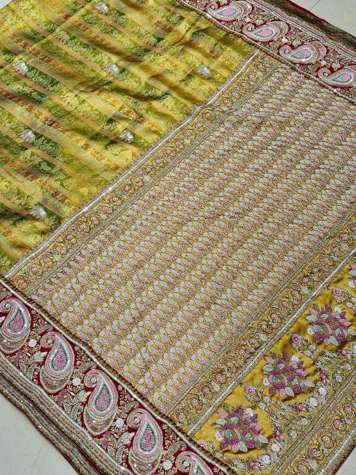 Green Meenakari Tissue Kanjivaram Zardosi Moti Hand Embroidery Saree