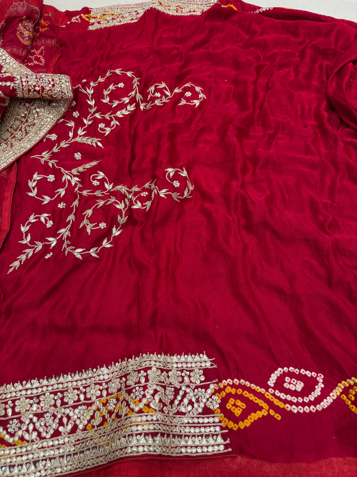 Red Gajji Faabiiana Inspired Marodi Gotapatti Hand Embroidery Saree