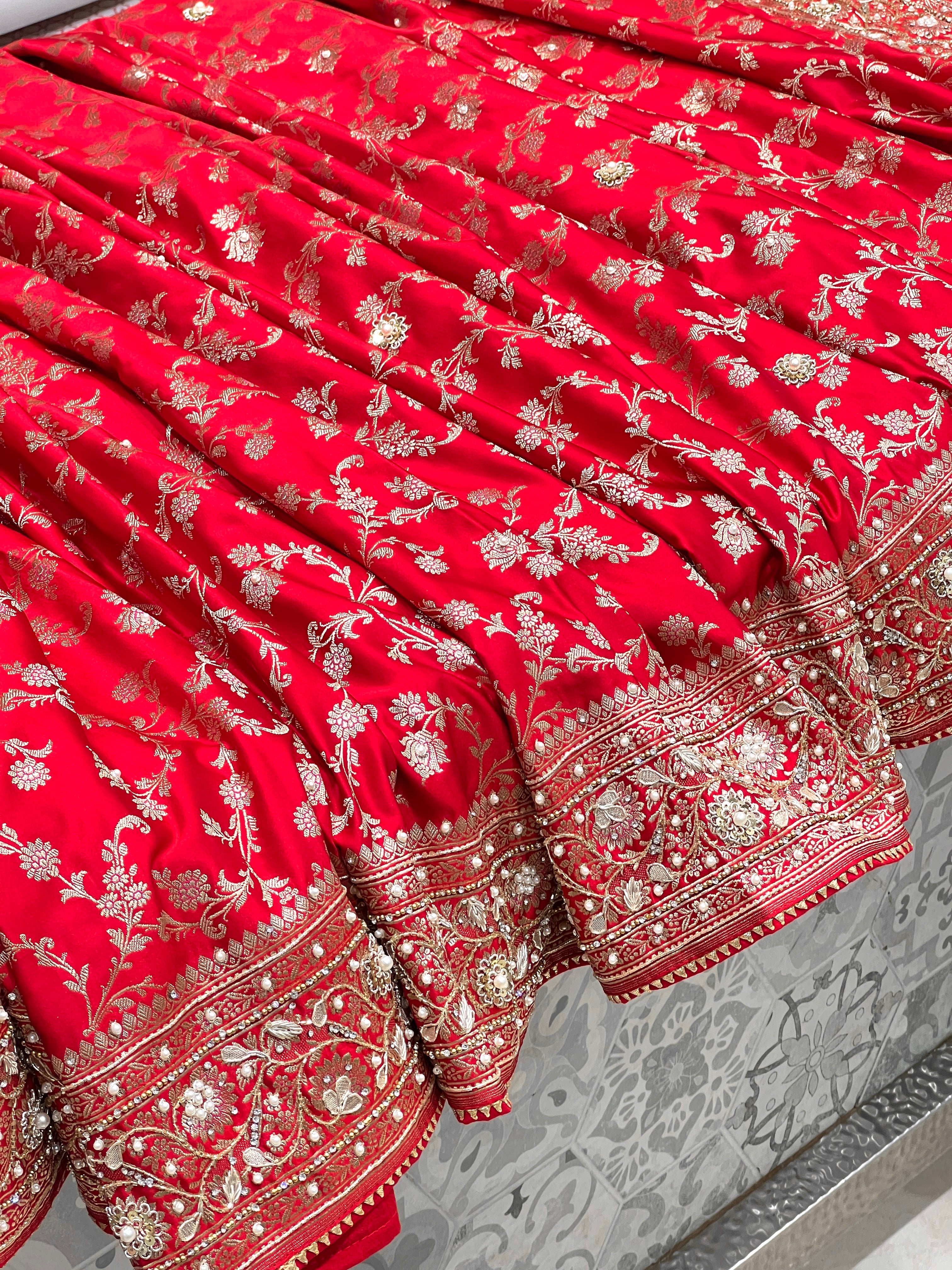 Red Banarasi Upside Down Border Hand Embroidery Saree