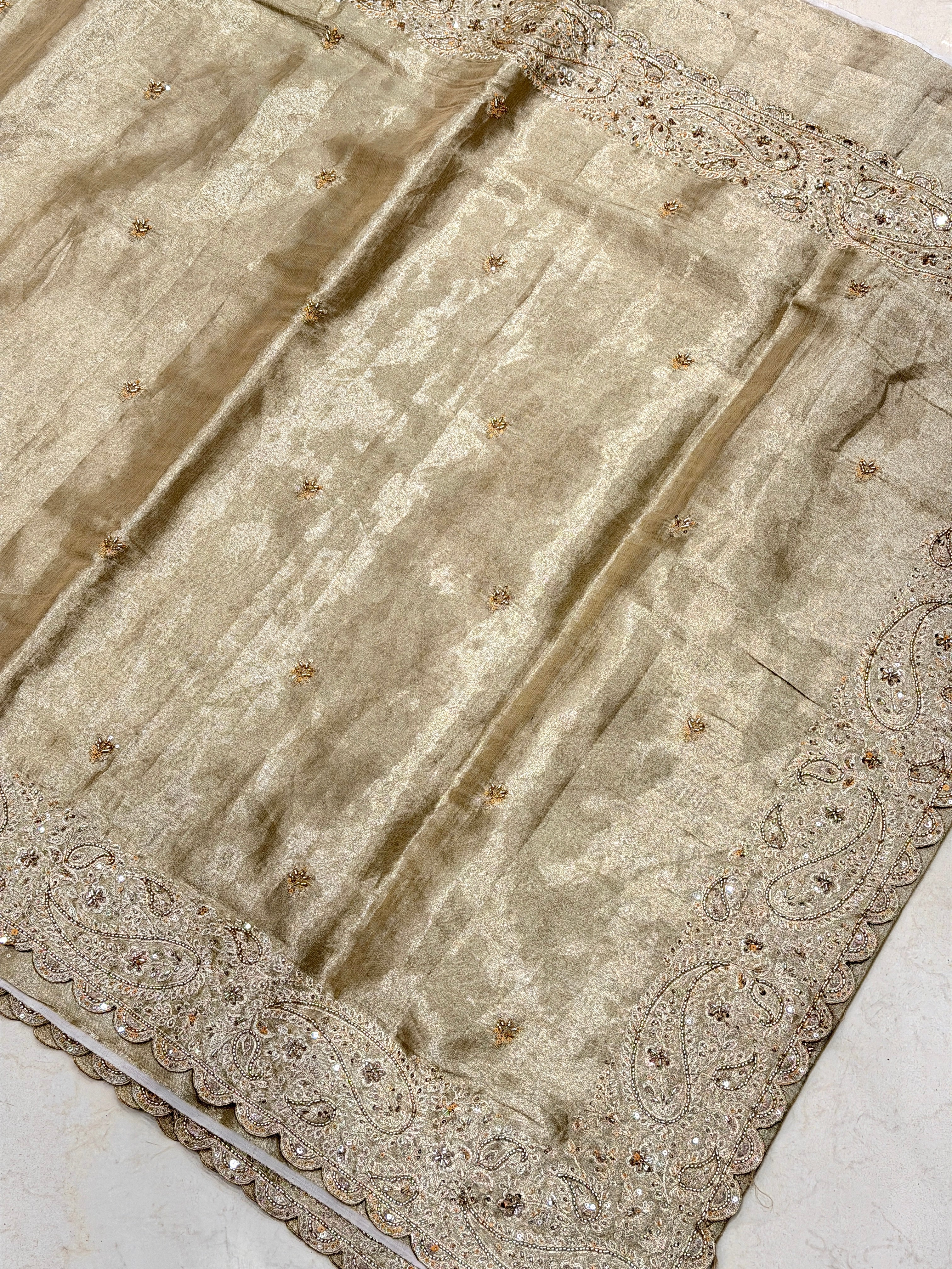 Light Golden Tissue Cutdana Moti Embroidery Saree